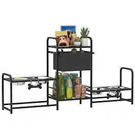 Pawhut - Height Adjustable Dog Bowl Stand with 2 Feeding Stations - Black