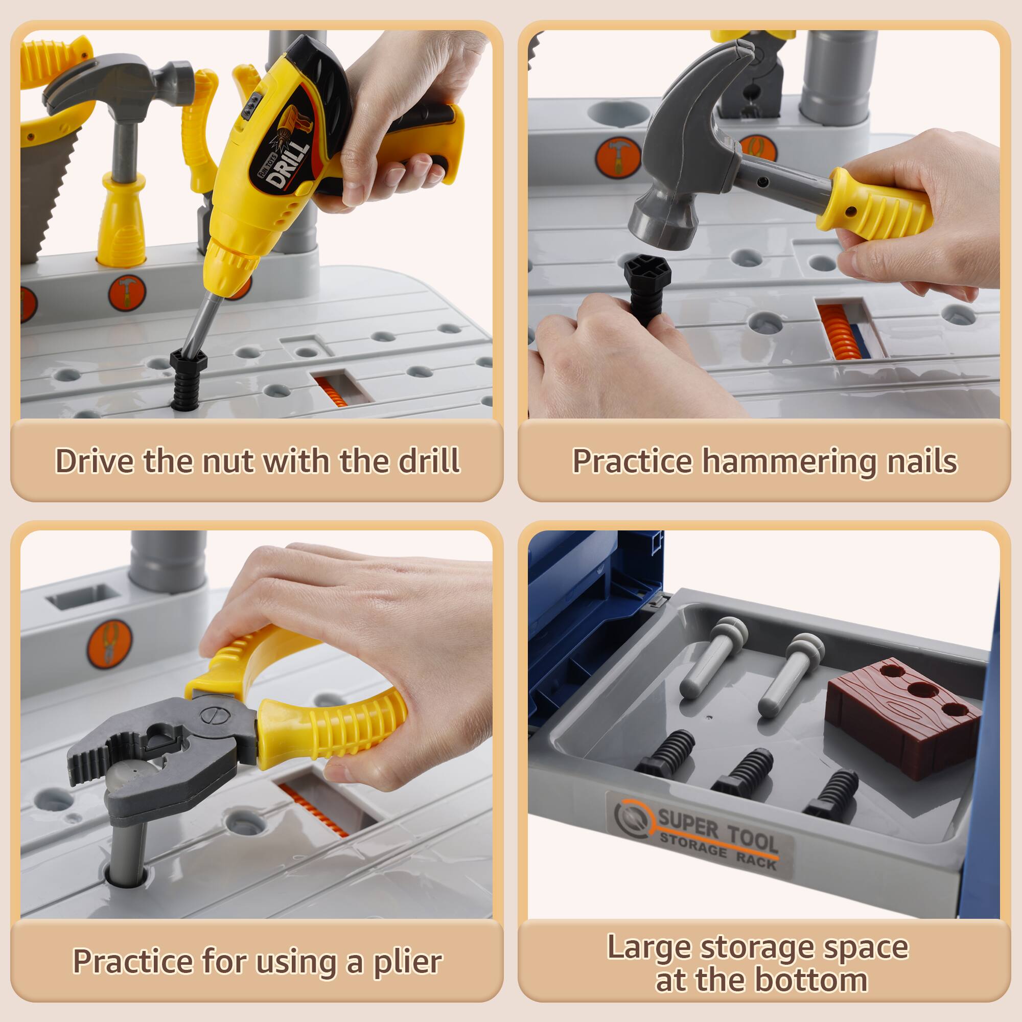 - Drive the nut with the drill
- Practice hammering nails
- Practice for using a plier
- Large storage space at the bottom