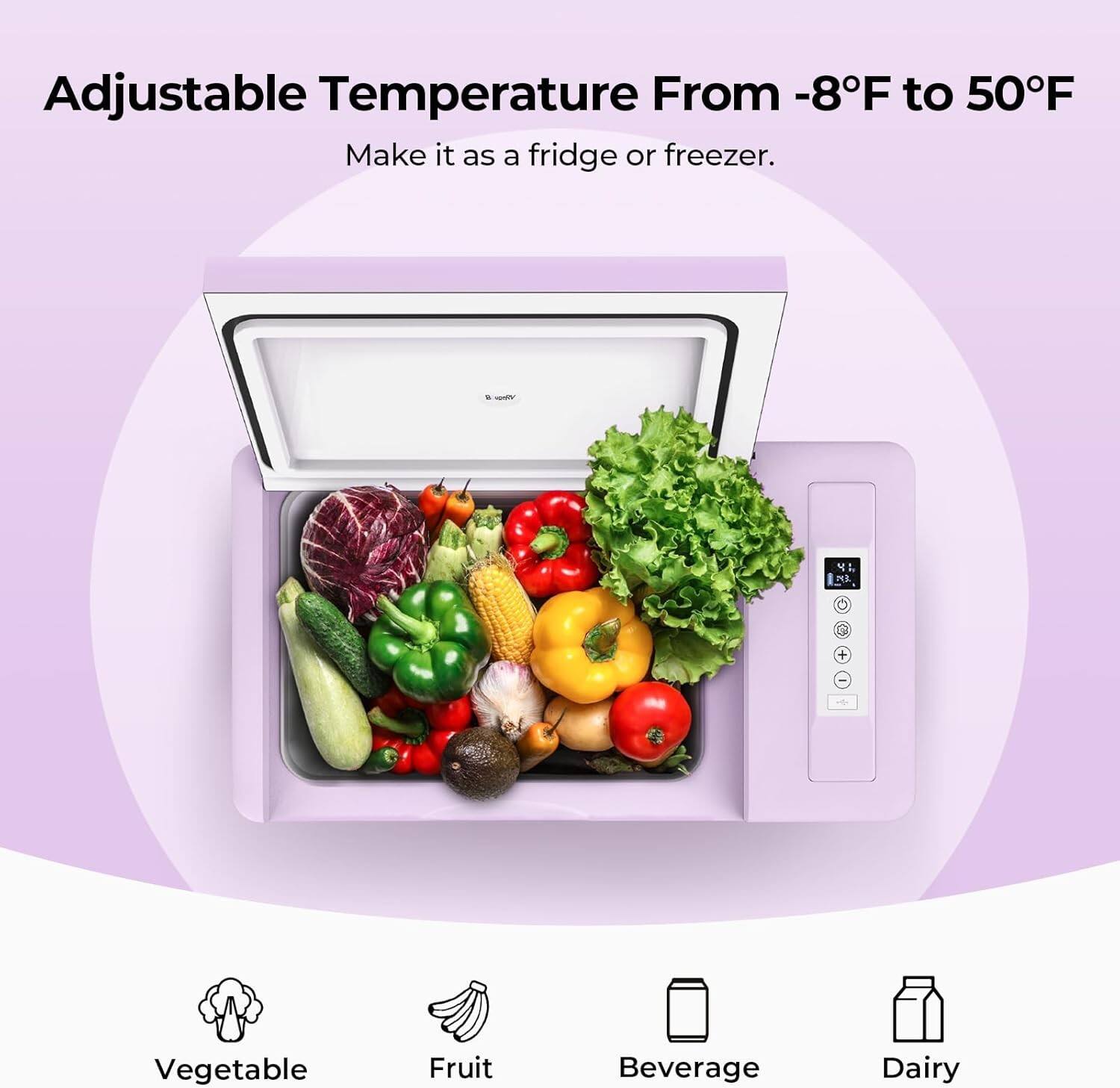 Adjustable Temperature From -8°F to 50°F  
Make it as a fridge or freezer.

- Vegetable
- Fruit
- Beverage
- Dairy