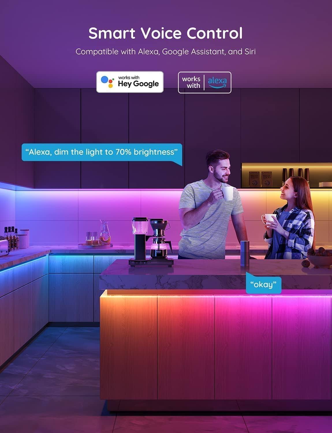 Smart Voice Control  
Compatible with Alexa, Google Assistant, and Siri  
works with Hey Google  
works with Alexa  

"Alexa, dim the light to 70% brightness"  
"okay"