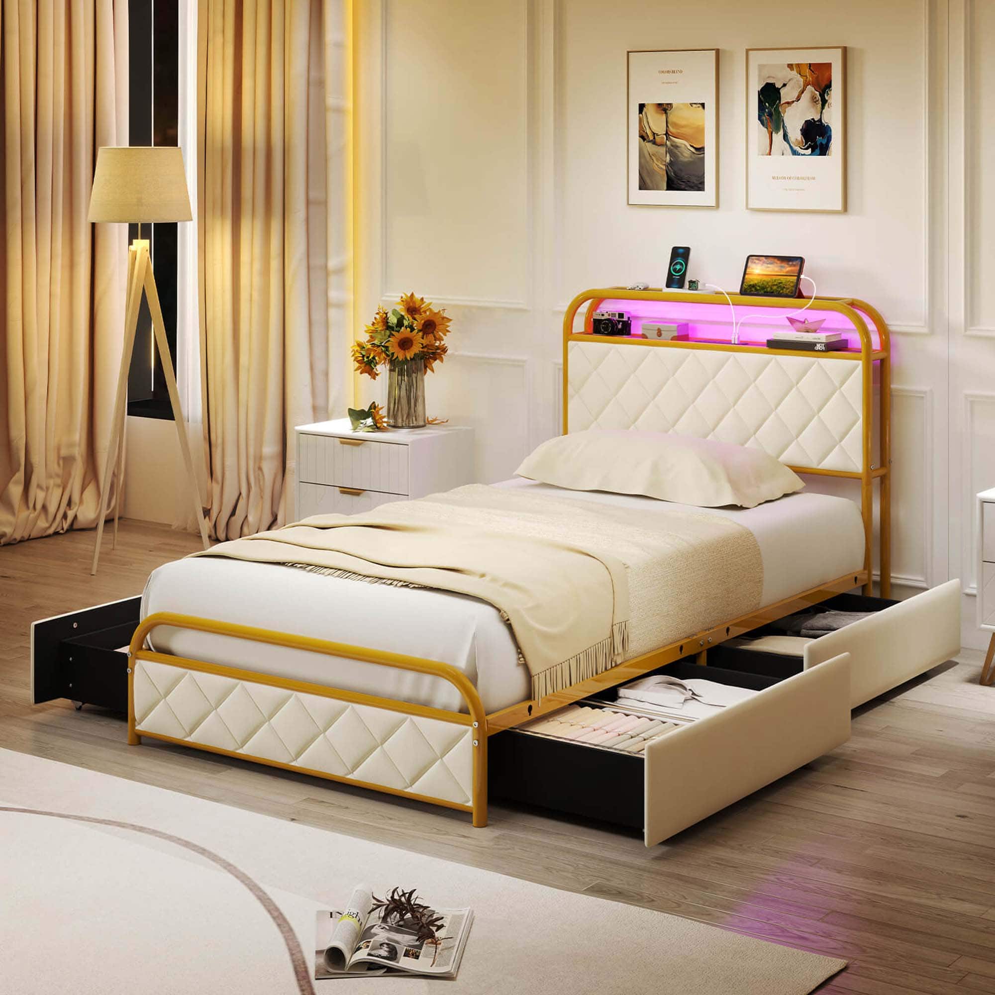 Alt View 1. Costway - Twin Size Bed Frame with LED Lights & Charging Station Storage Headboard & Drawers - Golden + White.