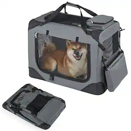 Gymax - 28'' Collapsible Soft Dog CratePortable Dog Travel Crate w/Mesh Windows 3 Doors - Gray