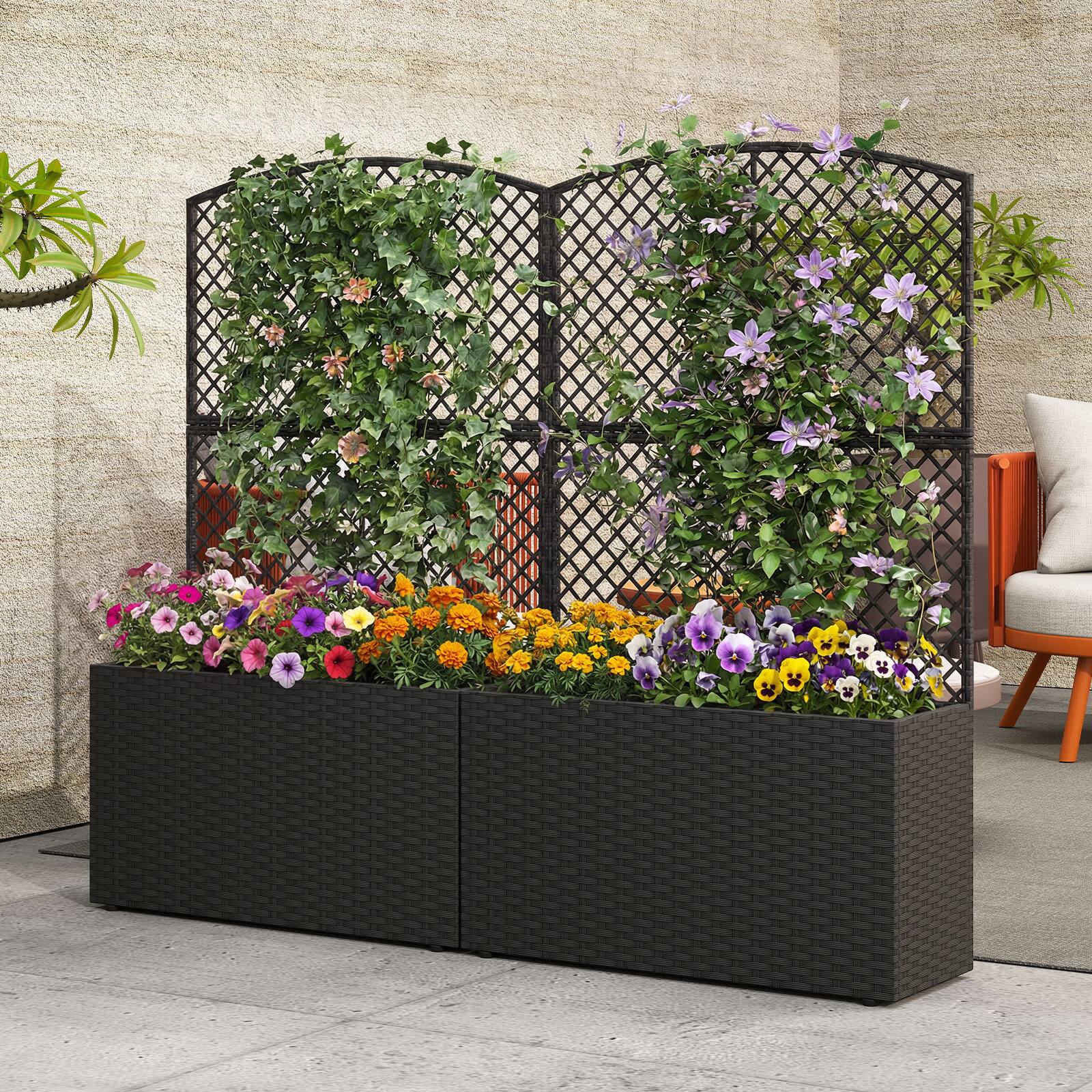 Alt View 1. Gymax - Gymax 2PCS 49'' Raised Garden Bed w/ Trellis Wicker Planter Box w/ Privacy Screen Black - Black.