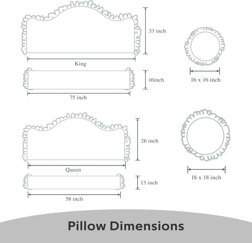 Pillow Dimensions

King:
- Length: 75 inches
- Width: 33 inches
- Depth: 16 inches
- Pillow: 16 x 16 inches

Queen:
- Length: 58 inches
- Width: 26 inches
- Depth: 13 inches
- Pillow: 18 x 18 inches