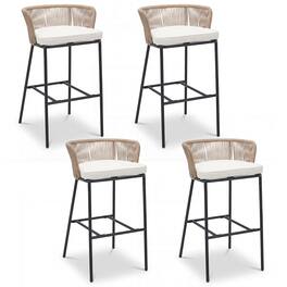 Gymax - Outdoor Bar Stools Set of 4 w/Cushions & Backrests for Balcony Garden Poolside - Beige