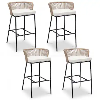 Front. Gymax - Gymax Outdoor Bar Stools Set of 4 w/Cushions & Backrests for Balcony Garden Poolside - Beige.