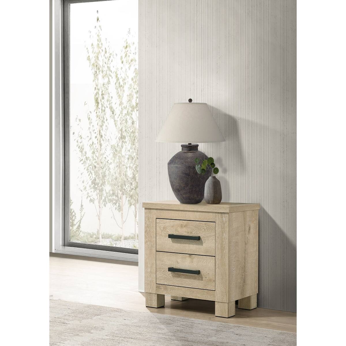 Front. Loheer - Loheer Weathered Oak Two Drawer Nightstand, Modern Farmhouse Bedside Table - Weathered Oak.