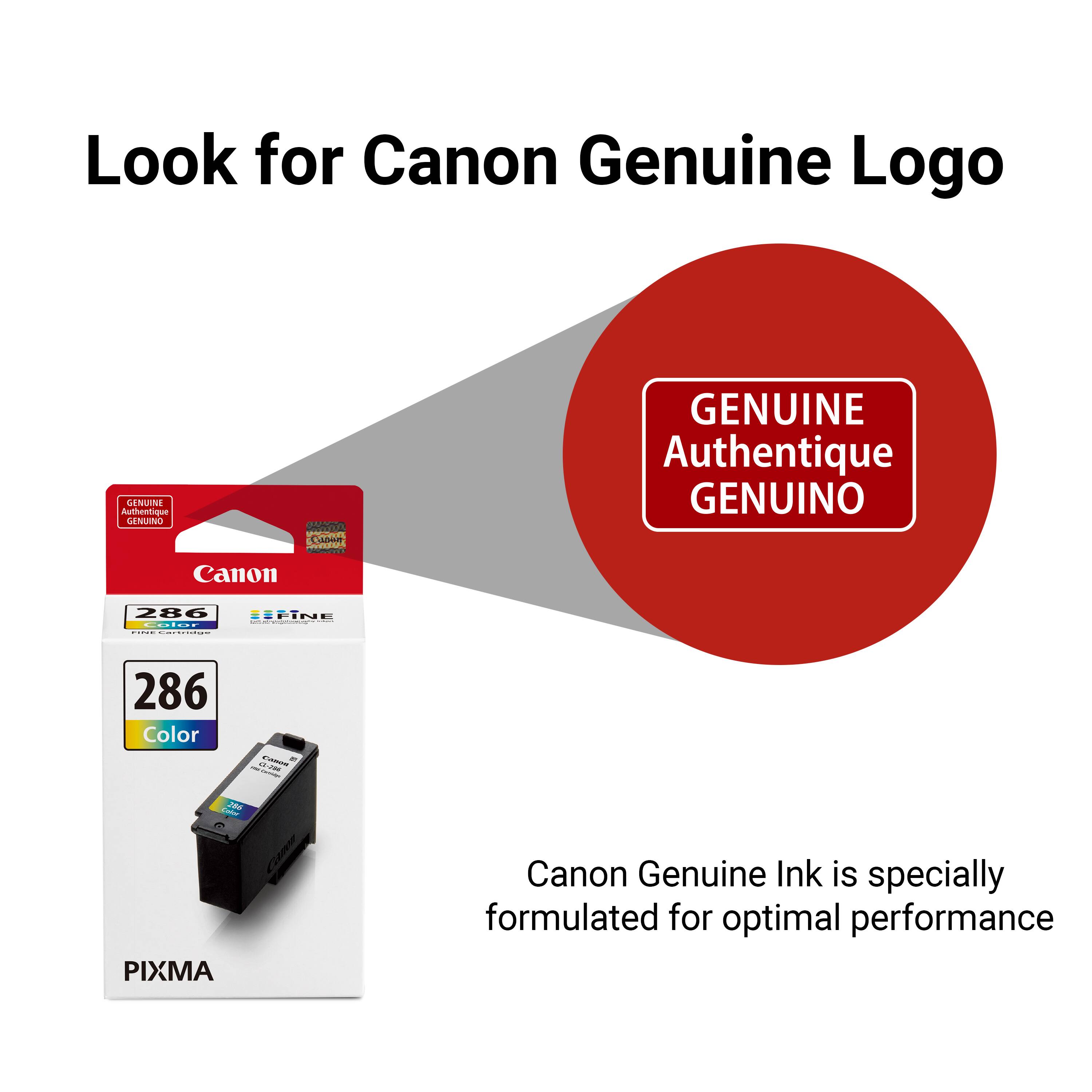 Look for Canon Genuine Logo GENUINE AUTHENTIQUE - SITUA 286 FINE : | ... : | ! 286 Color - - A - J PIXMA Canon Genuine Ink is specially formulated for optimal performance.
