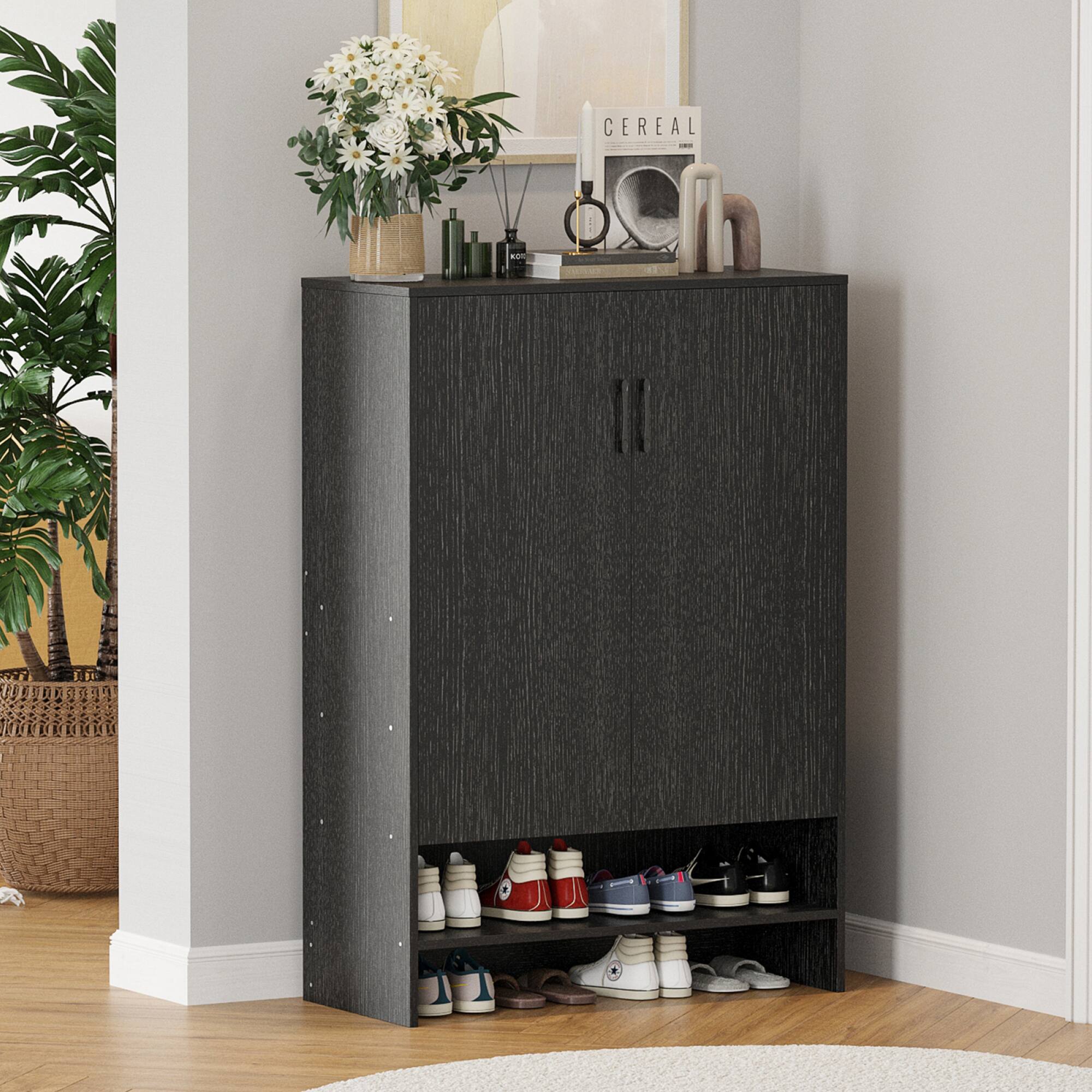 Left. GOODSILO - 7-Tier Hidden Shoe Storage Cabinet with Adjustable Shelves for Entryway Hallway Living Room Organizer - Black.