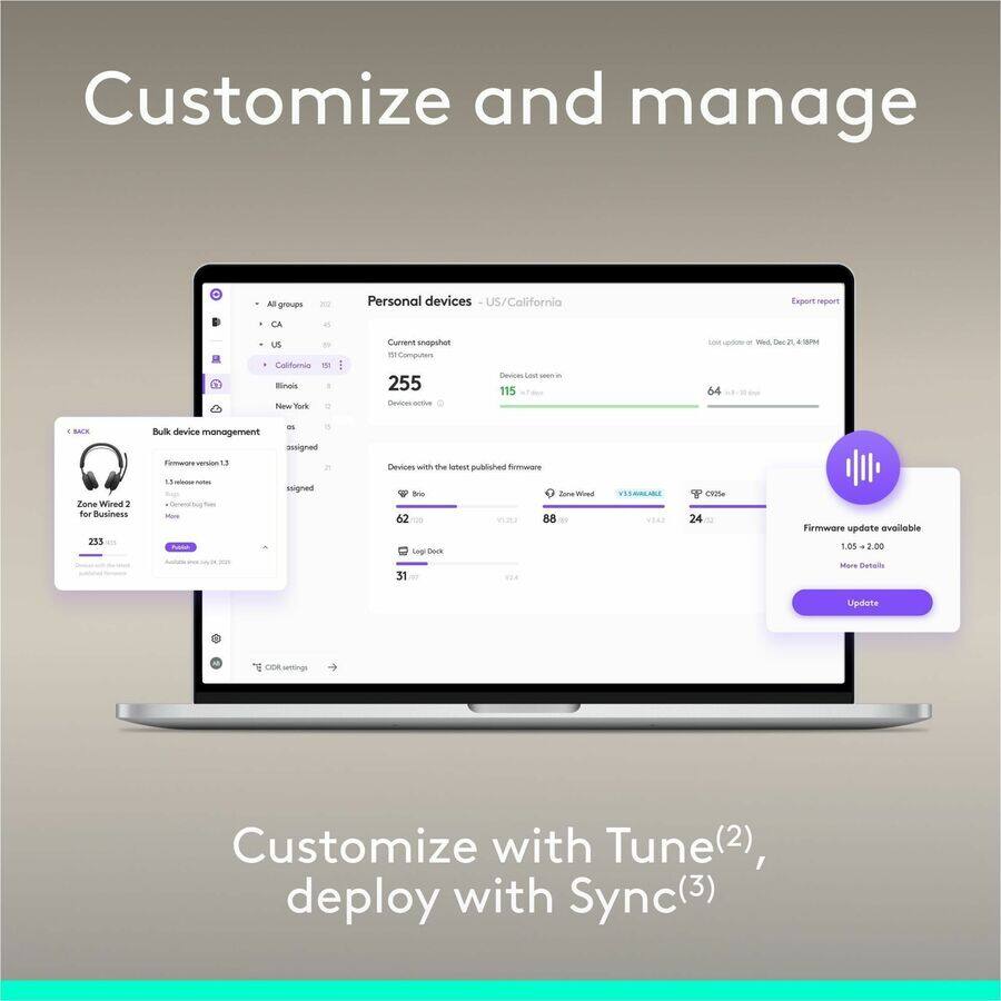 Customize and manage

Personal devices - US/California

Current snapshot: 255 Devices active

Devices with the latest published firmware:
- Zone Wired 2: 233
- Logi Dock: 31

Bulk device management
- Firmware version: 1.05
- 1.05 + 2.00 Update available

Customize with Tune(2), deploy with Sync(3)