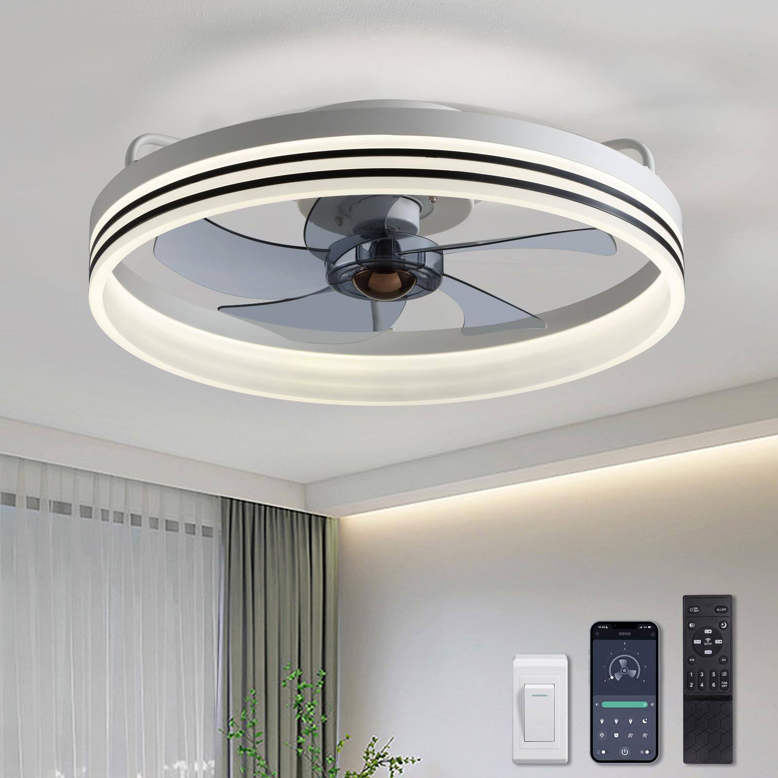Front. Siljoy - 20" White Smart Low Profile Ceiling Fan with Light & Remote (6 Speeds)for Bedroom/Dining Room - White.