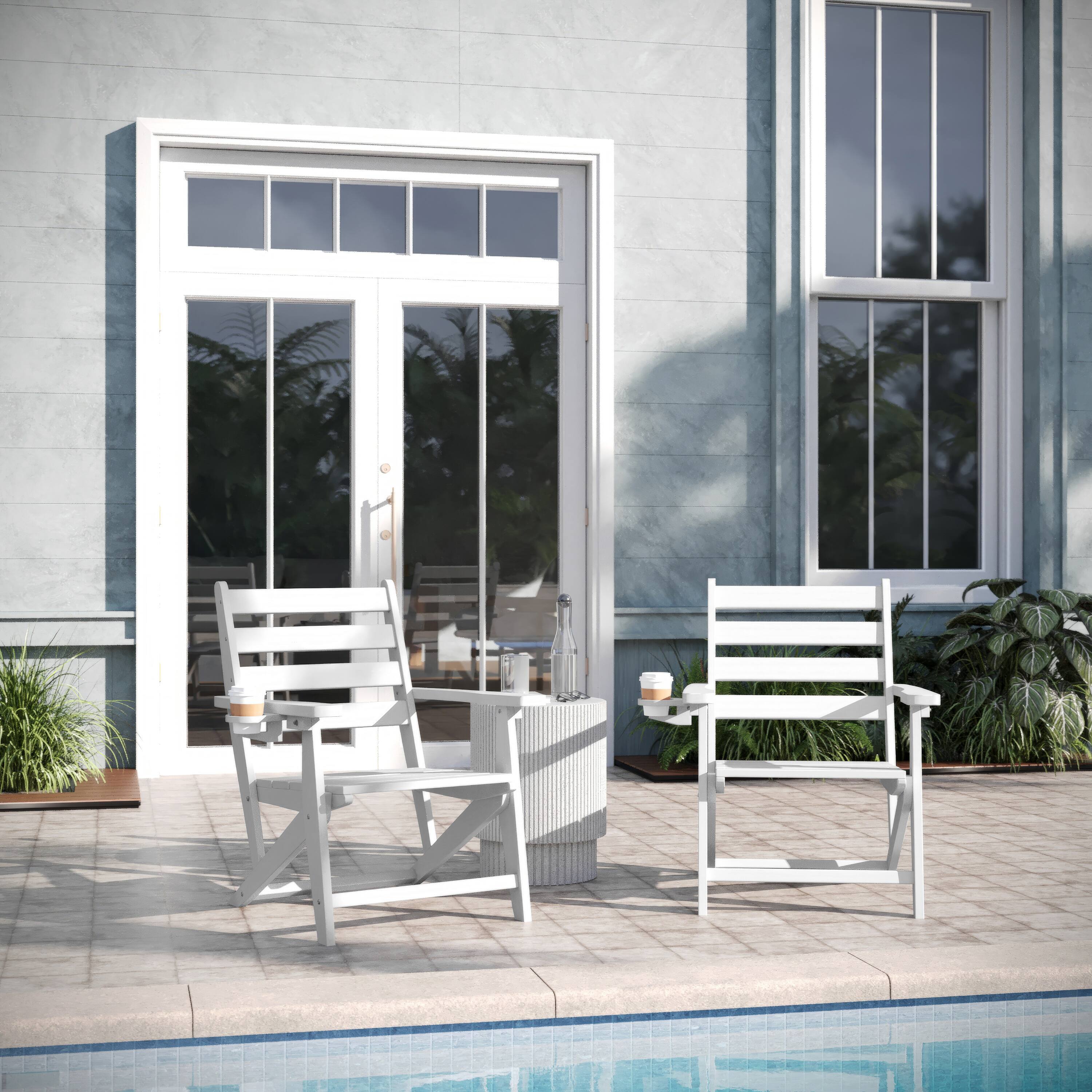 Alt View 3. Emma + Oliver - Arcata Adirondack Dining Chair with Fold Out Cup Holder, Weather Resistant Recycled HDPE Adirondack Chair - White.