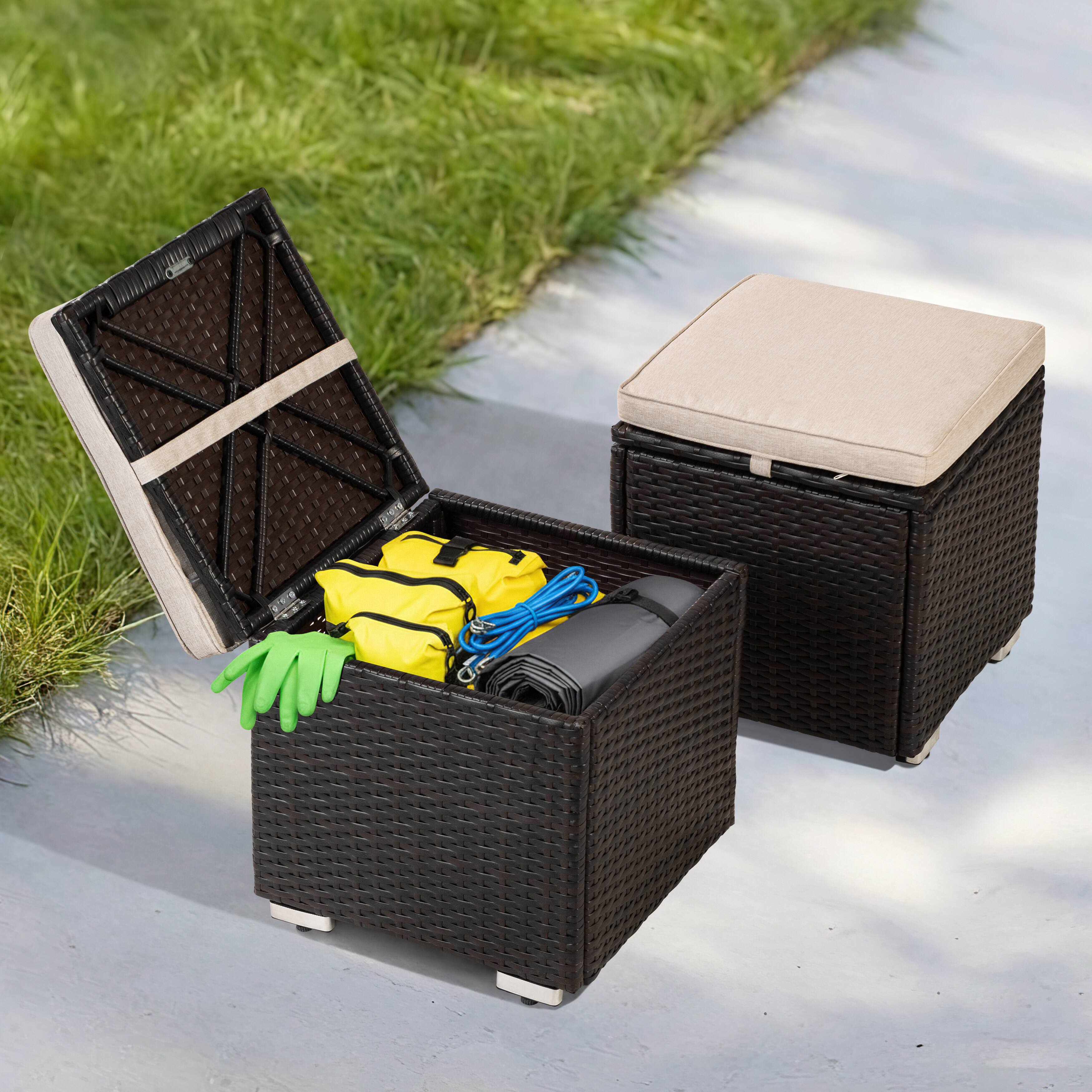 Angle. Nuu Garden - 2-Piece Wicker Patio Ottomans with Detachable Cushions, Outdoor Wicker Side Tables, Hidden Storage - Black and Beige.