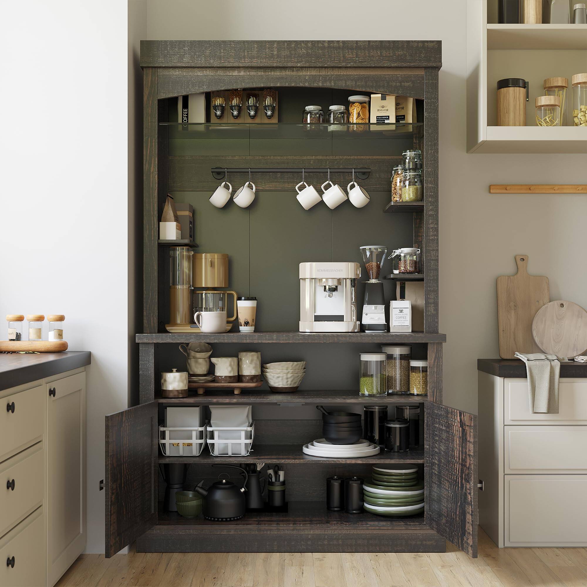 Alt View 5. Qeetex - 72" Coffee Bar Cabinet with LED Lights, Microwave Stand, Wine Rack & Glass Shelf - Oak Black.