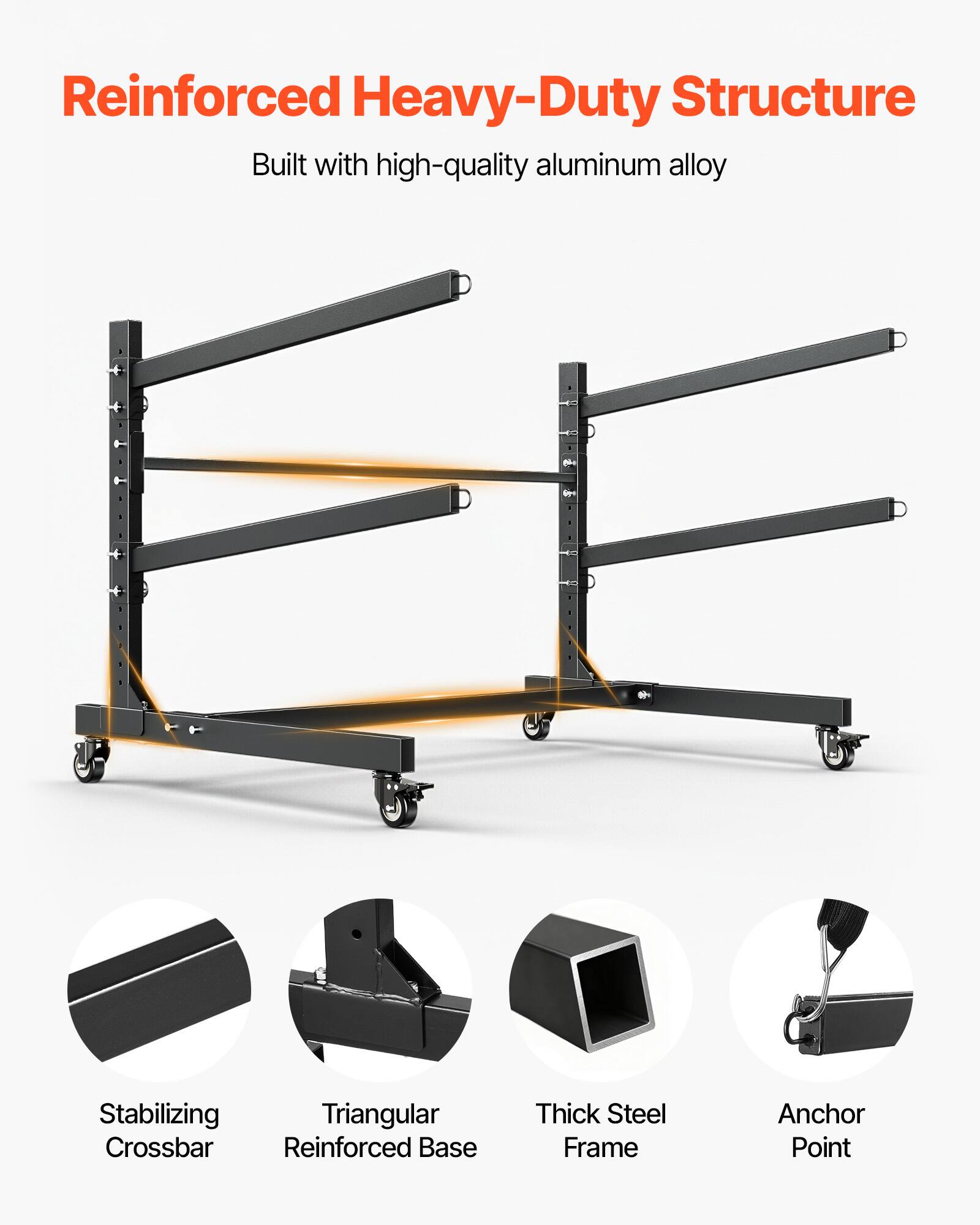 Reinforced Heavy-Duty Structure  
Built with high-quality aluminum alloy  

Stabilizing Crossbar  
Triangular Reinforced Base  
Thick Steel Frame  
Anchor Point