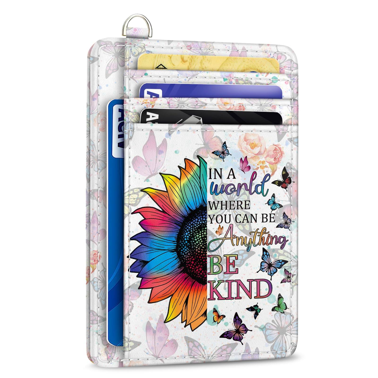 Jadie Link - Credit Card Holder Slim Wallet Sunrise Mountain Rfid Women Front Pocket Travel Thin Small Cute Window Leather Blocking - Be Kind Sunflower