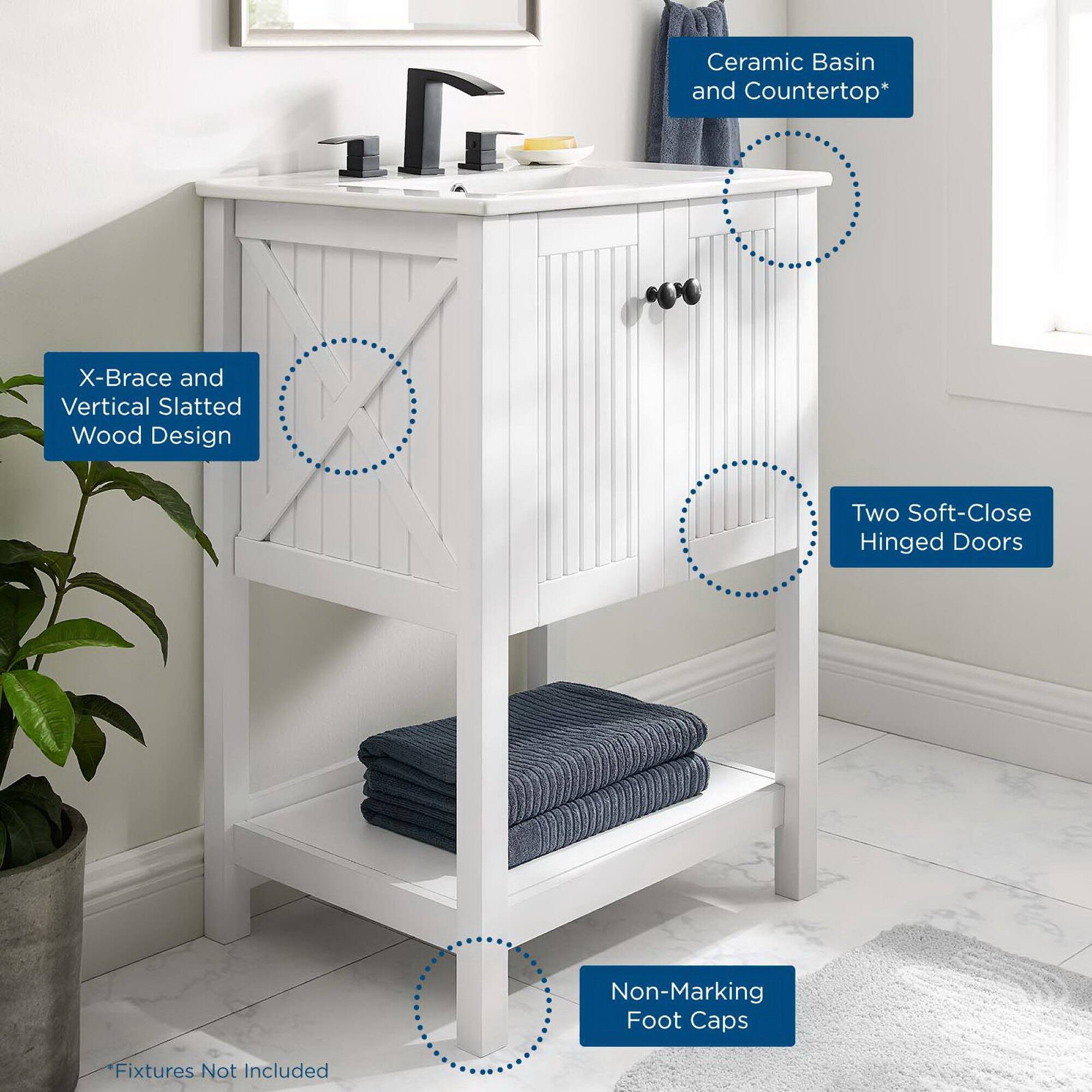 - Ceramic Basin and Countertop*
- X-Brace and Vertical Slatted Wood Design
- Two Soft-Close Hinged Doors
- Non-Marking Foot Caps
- Fixtures Not Included