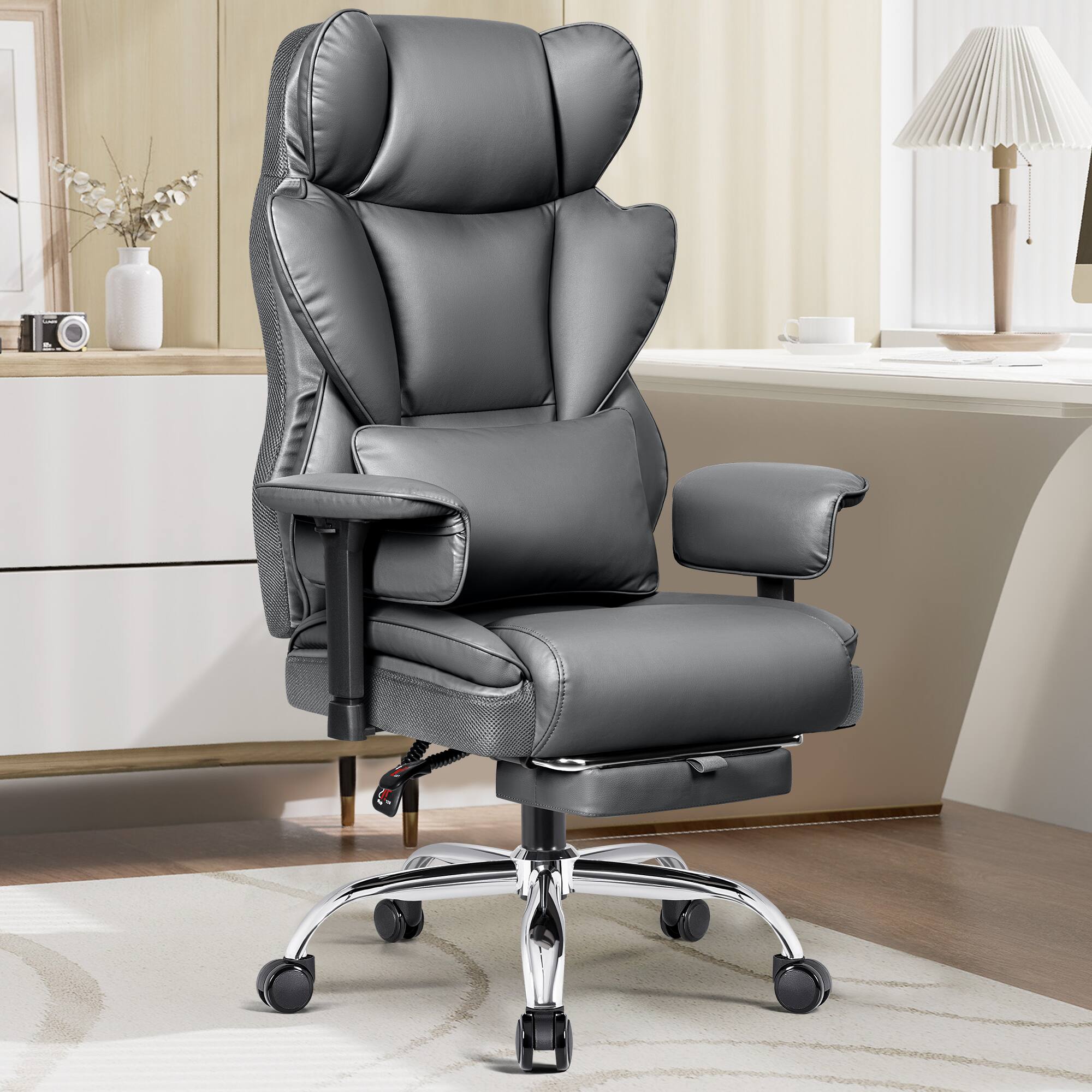 KERDOM - Ergonomic Reclining Office Desk Chair, Beautiful PU Leather High Back Computer Chair, Adjustable Armrest & Height - Gray