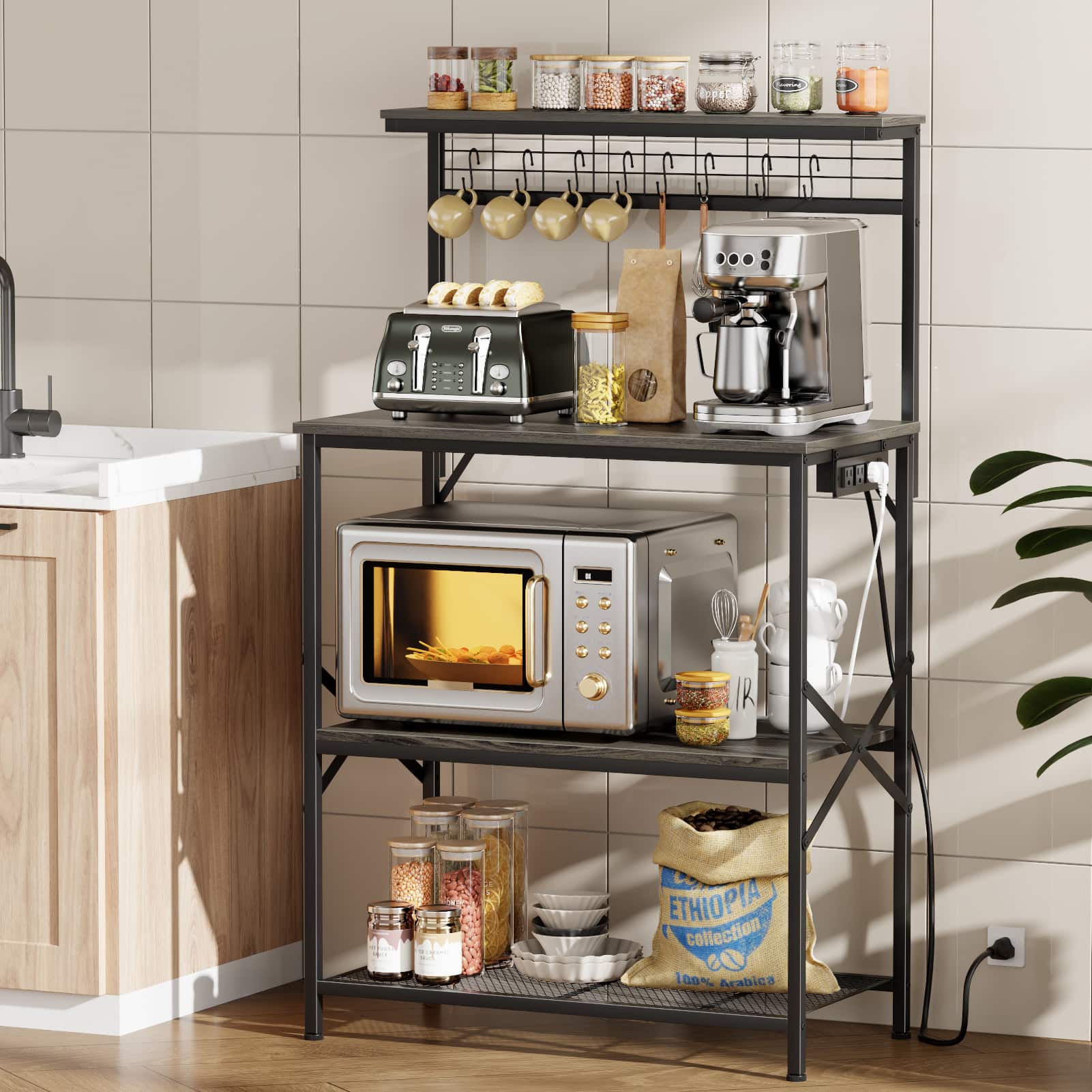 Furnulem - 31.5 Inch 4 Tier Kitchen Bakers Rack with Power Outlets Microwave Stand Storage Shelf with S Hooks - Gray