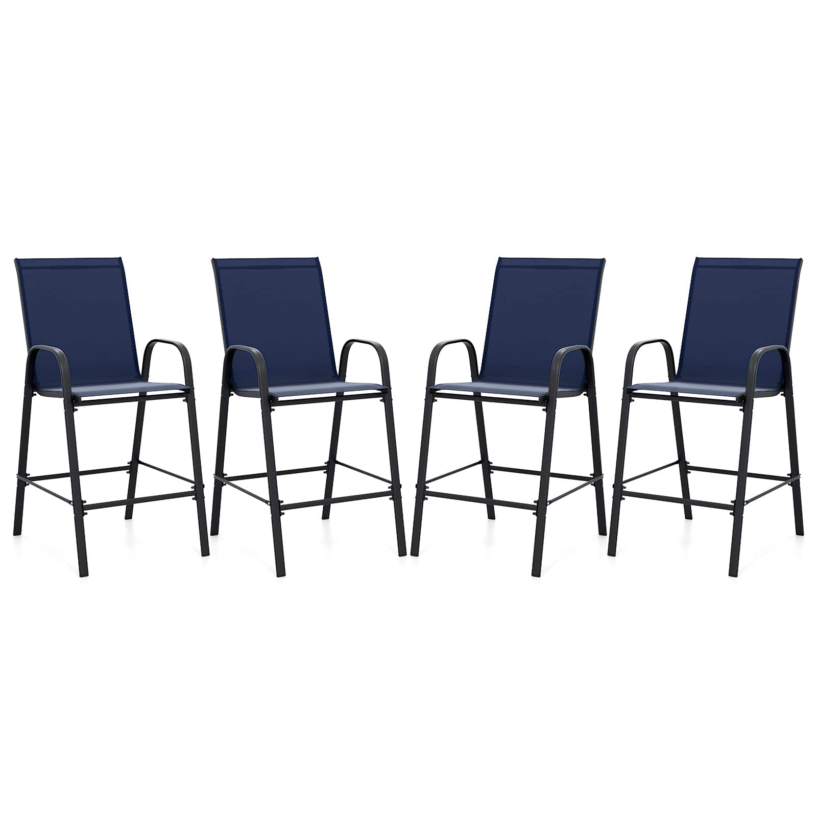 Front. Gymax - Gymax 4PCS Outdoor Bar Stools 29'' Fabric Bar Height Stools w/ Armrests & Footrest Navy - Navy.