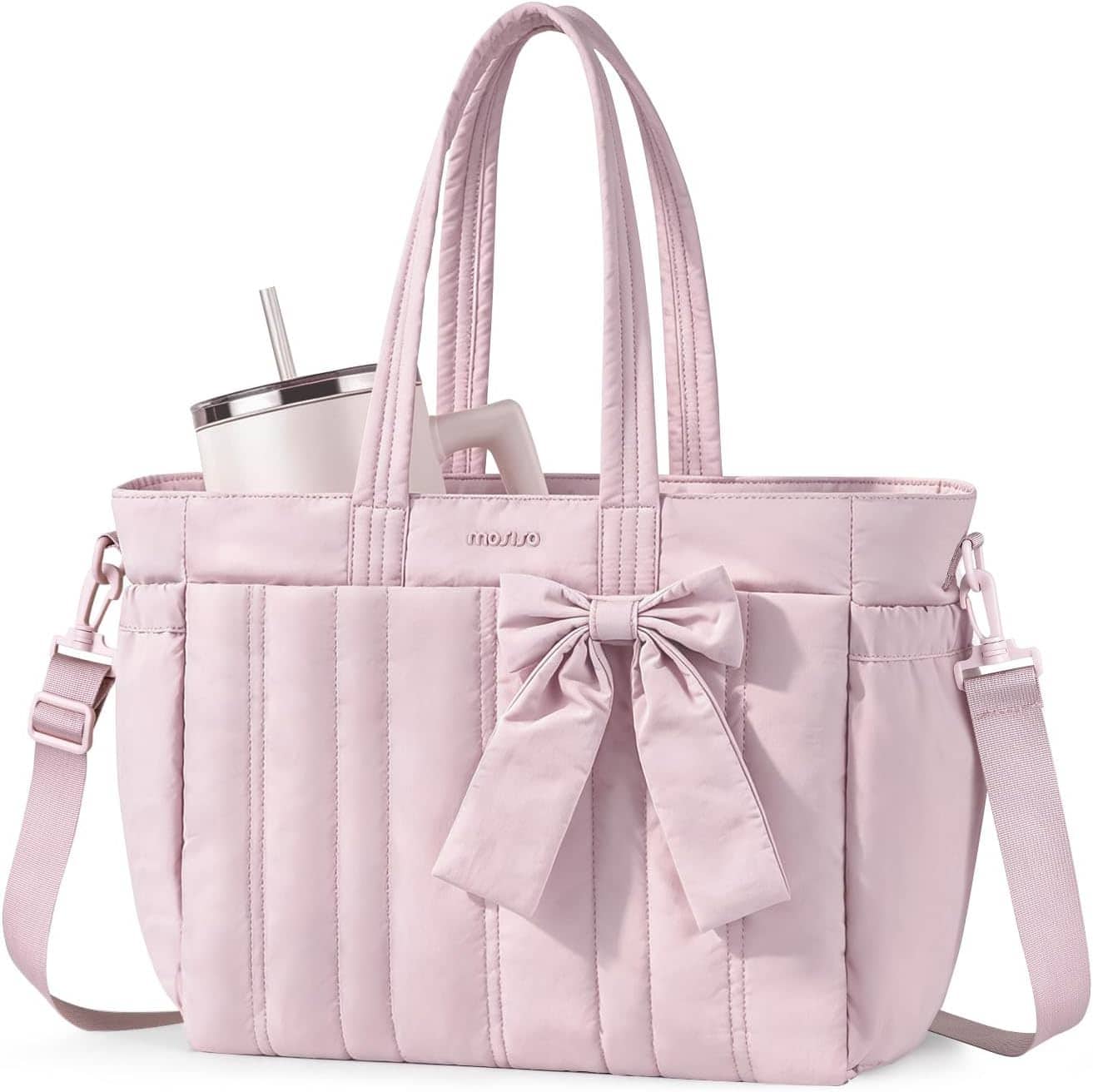 mosiso - Puffer Tote Bag for Women 15-15.6 inch Laptop Bag with Cup Holder Lightweight Shoulder Bag for Travel Work School Gym - Pink