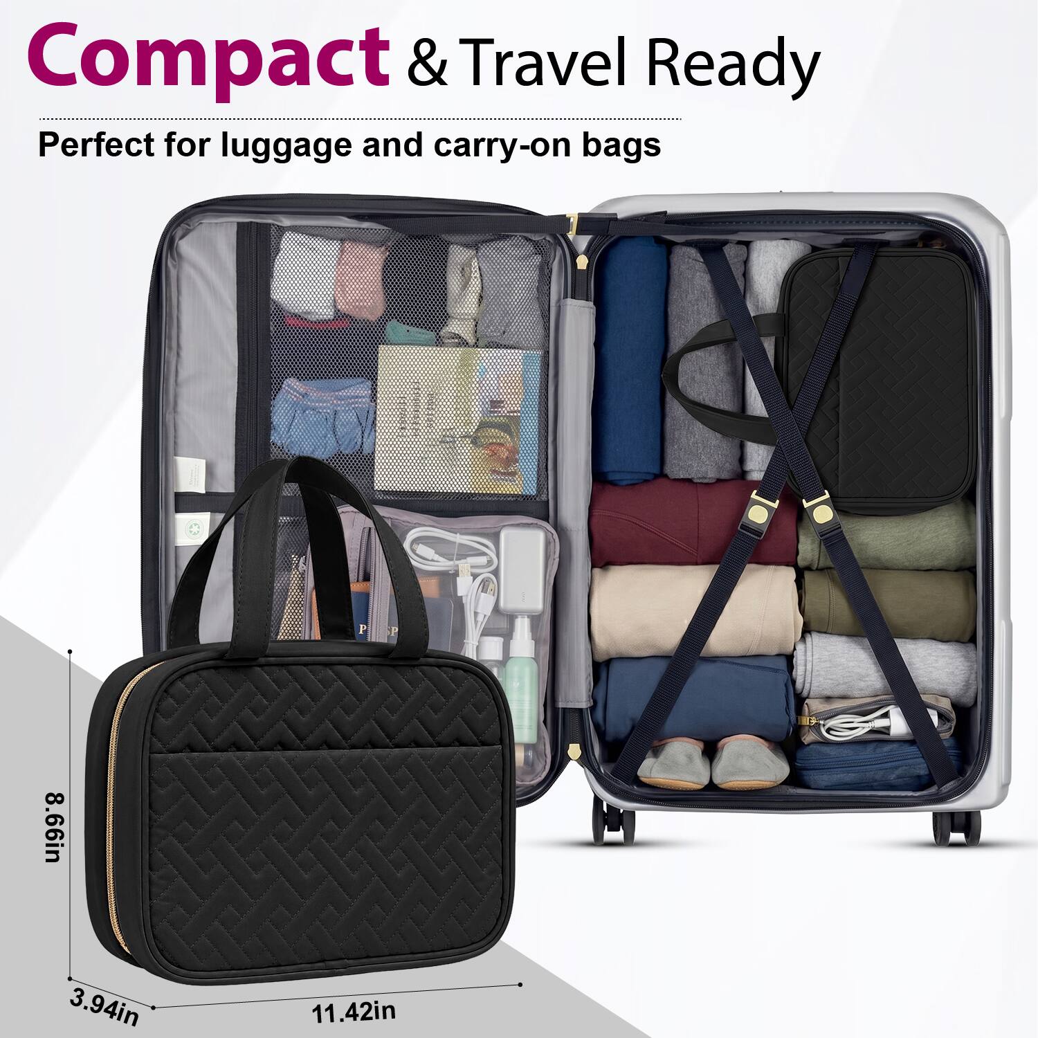 Compact & Travel Ready  
Perfect for luggage and carry-on bags  
8.66in x 3.94in x 11.42in