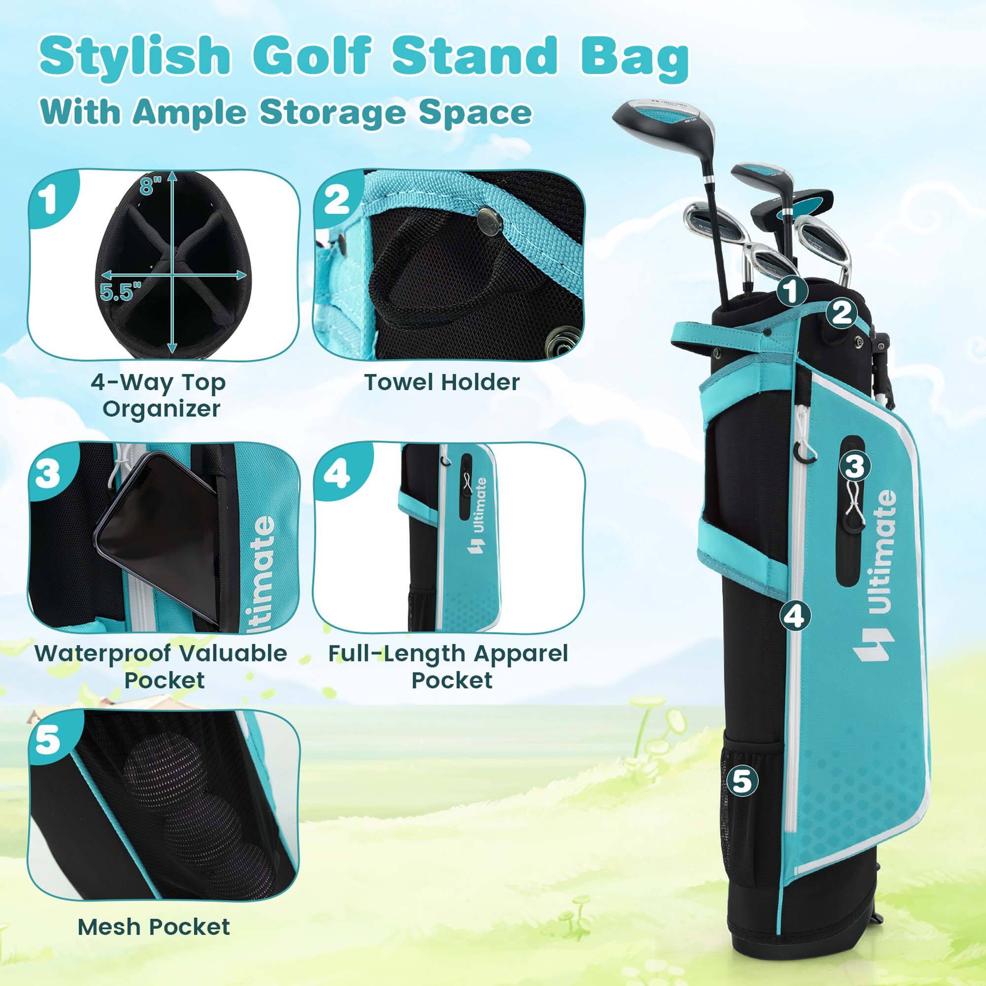 Stylish Golf Stand Bag  
With Ample Storage Space  

1. 4-Way Top Organizer  
   - 8" x 5.5"  

2. Towel Holder  

3. Waterproof Valuable Pocket  

4. Full-Length Apparel Pocket  

5. Mesh Pocket