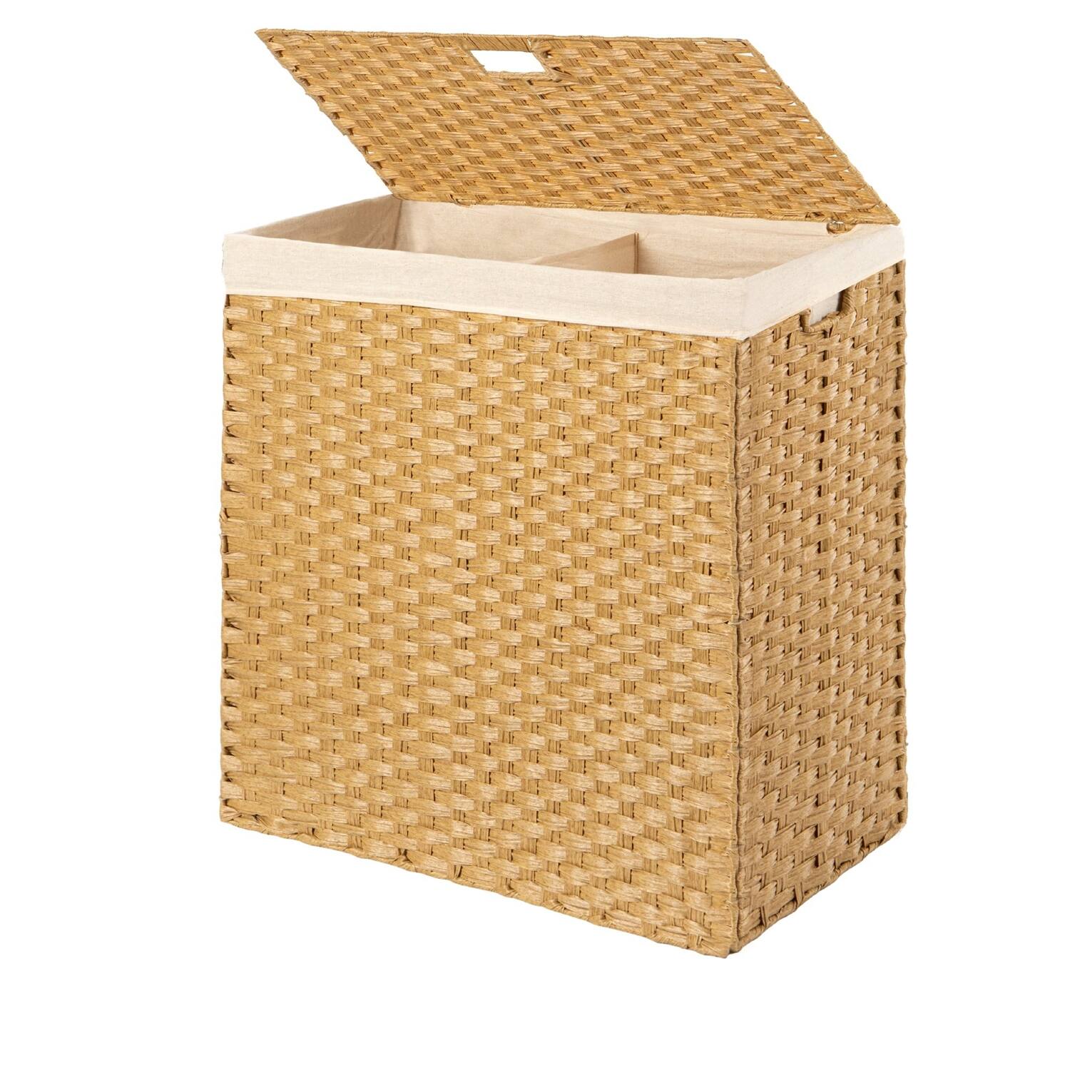 Hivvago - Folding 2-Bin PE Wicker Linen Liner Laundry Hamper w/ Handles - Natural