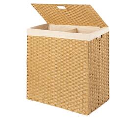 Hivvago - Folding 2-Bin PE Wicker Linen Liner Laundry Hamper w/ Handles - Natural