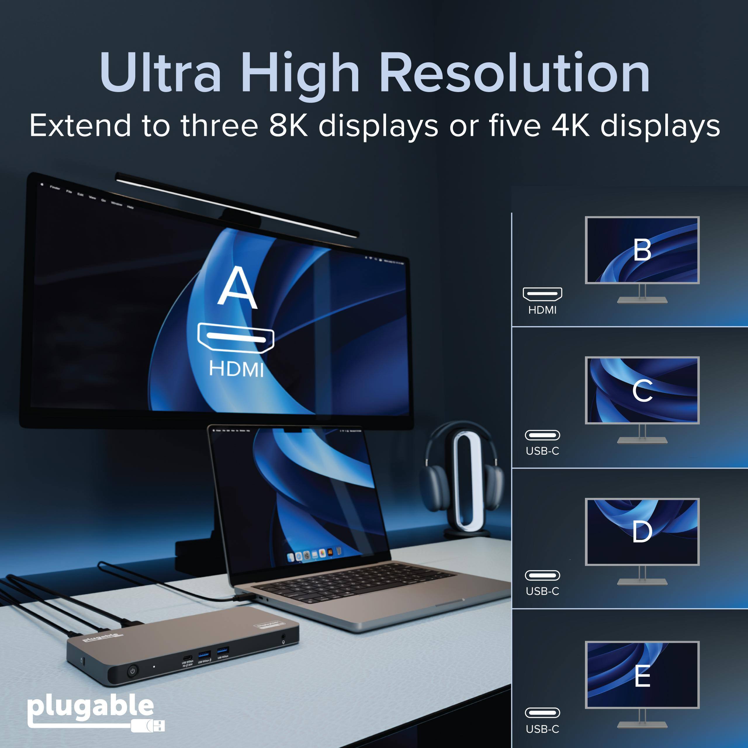 Ultra High Resolution  
Extend to three 8K displays or five 4K displays  
A HDMI  
B HDMI  
C USB-C  
D USB-C  
E USB-C  

plugable