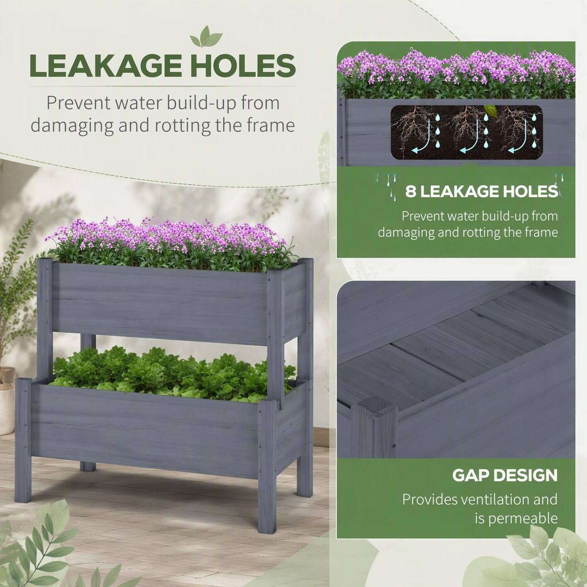 LEAKAGE HOLES  
Prevent water build-up from damaging and rotting the frame

8 LEAKAGE HOLES  
Prevent water build-up from damaging and rotting the frame

GAP DESIGN  
Provides ventilation and is permeable