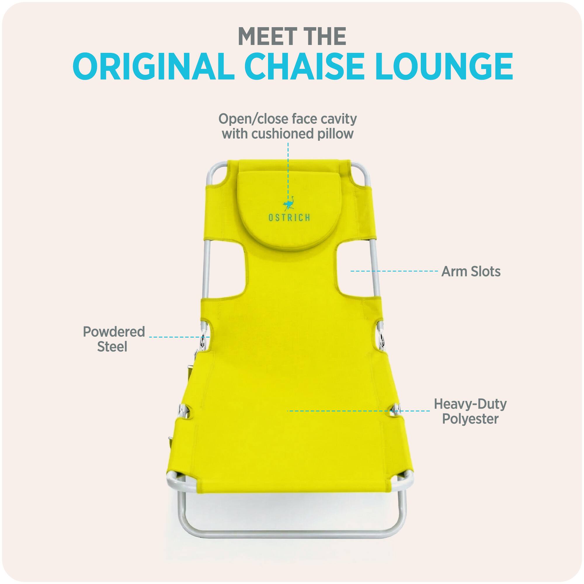 MEET THE ORIGINAL CHAISE LOUNGE

- Open/close face cavity with cushioned pillow
- Arm Slots
- Powdered Steel
- Heavy-Duty Polyester