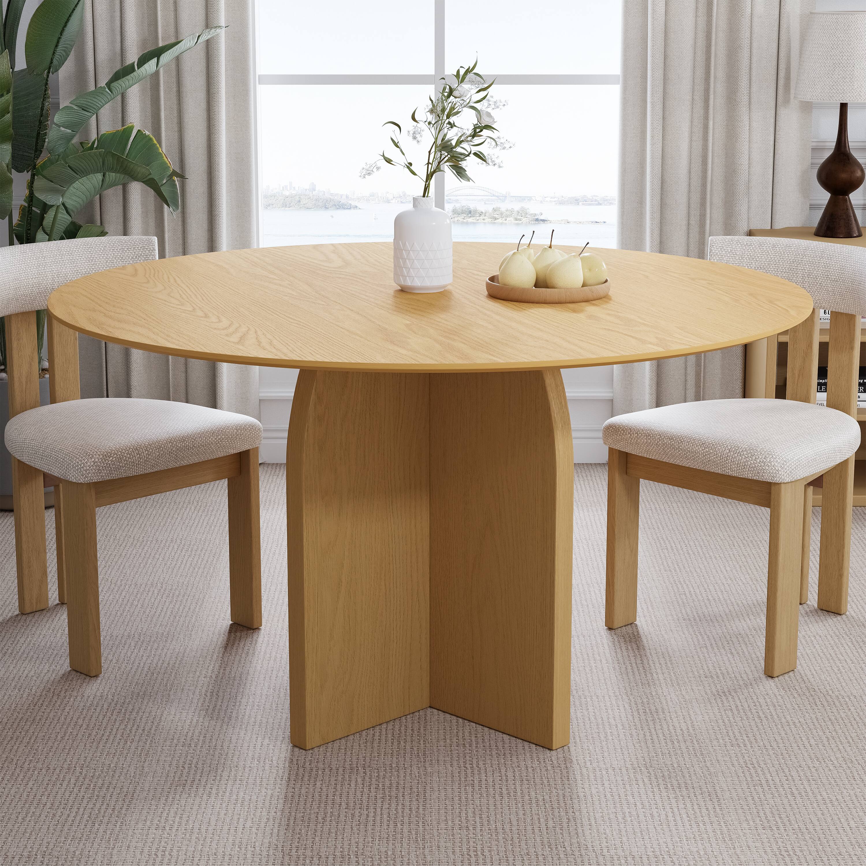 Lirago - 52in. Arched Leg Round Dining Table Natural Finish Solid Wood Timeless Style,Seats 8 People - Beige