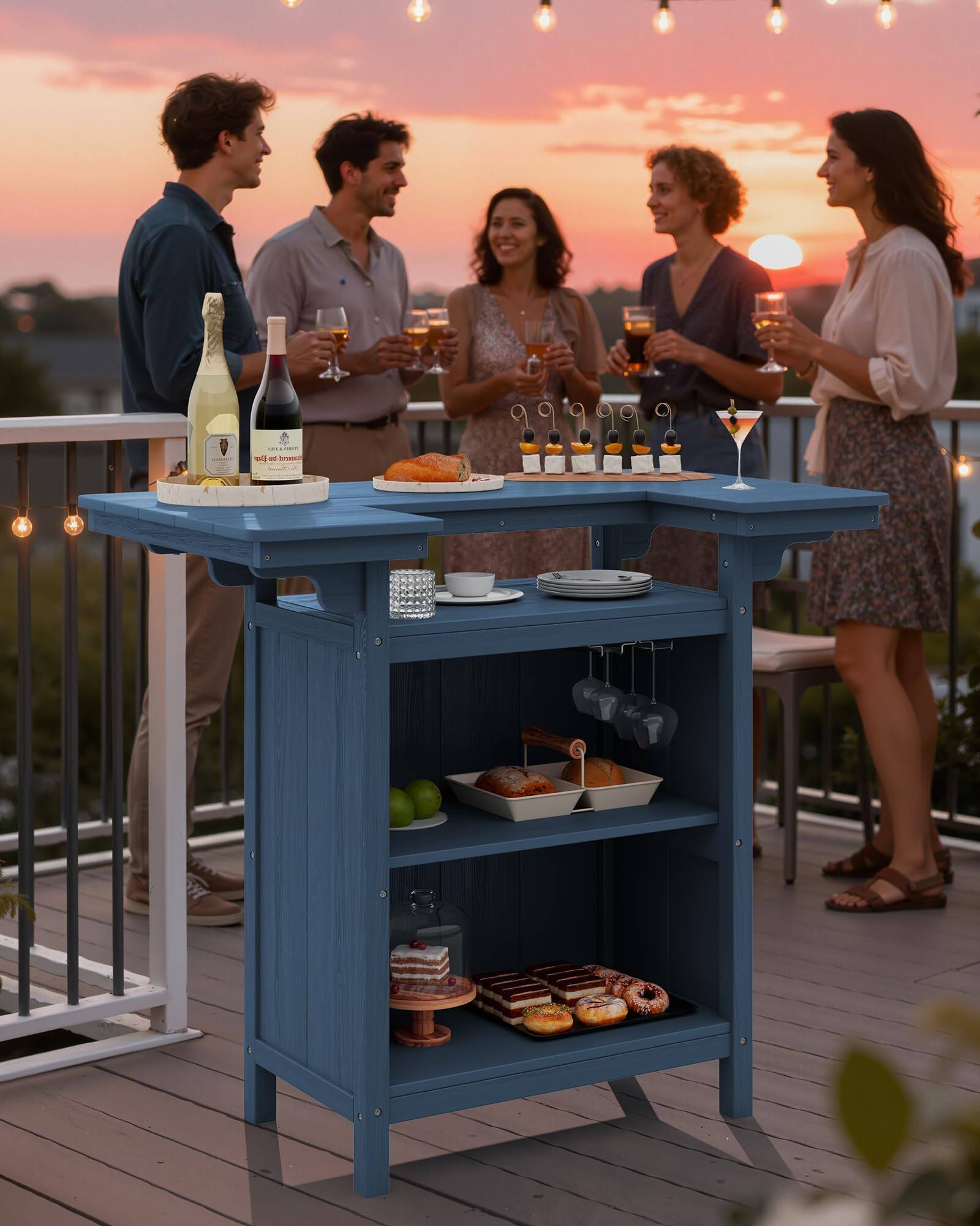 Alt View 5. SERWALL - SERWALL Outdoor Bar Table,HDPE Patio Bar Cabinet with 4-Tier Storage,Blue - blue.