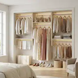 Aheaplus - 36'' - 96'' Wall Mounted Closet System with 5 Hanging Rods and 4 Shelves, Max Load 12000 LBS - Beige Oak