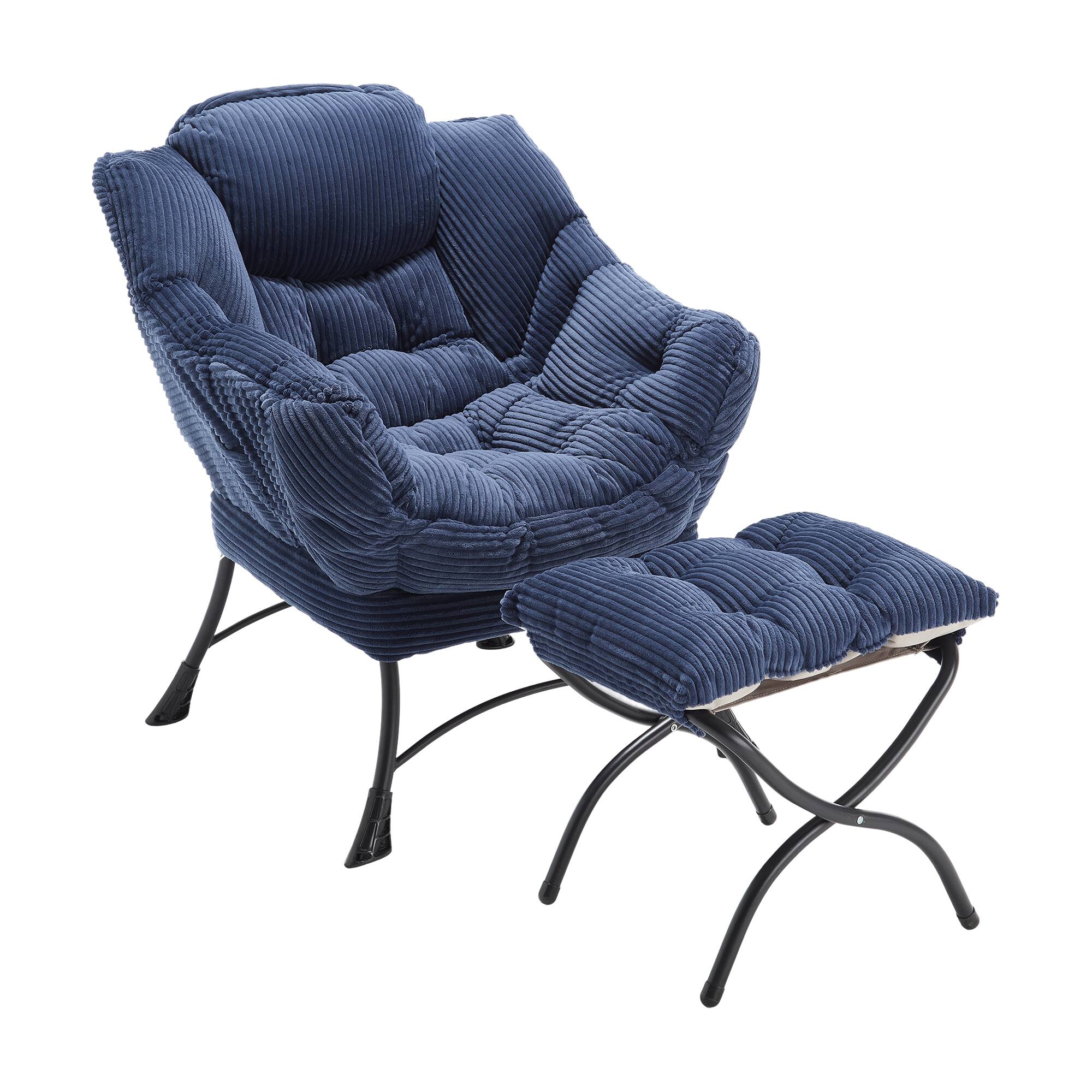 Ecooso - Lazy Chair with Ottoman & Side Pocket, Lounge Reading Chair with Footrest - Navy Blue