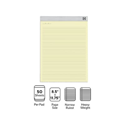 50 Sheets Per Pad  
8.5" x 11.75" Page Size  
Narrow Ruled  
Heavy Weight