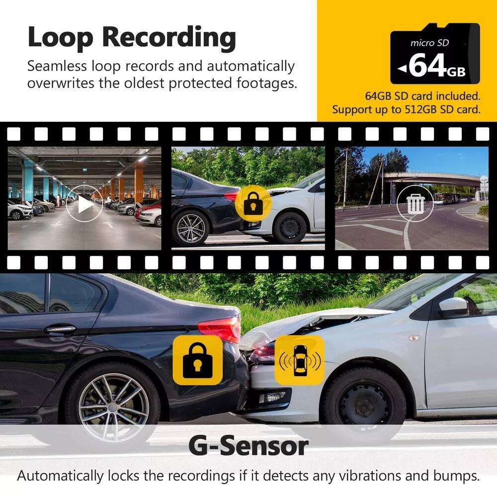Loop Recording: Seamless loop records and automatically overwrites the oldest protected footages. 64GB SD card included. Support up to 512GB SD card.

G-Sensor: Automatically locks the recordings if it detects any vibrations and bumps.