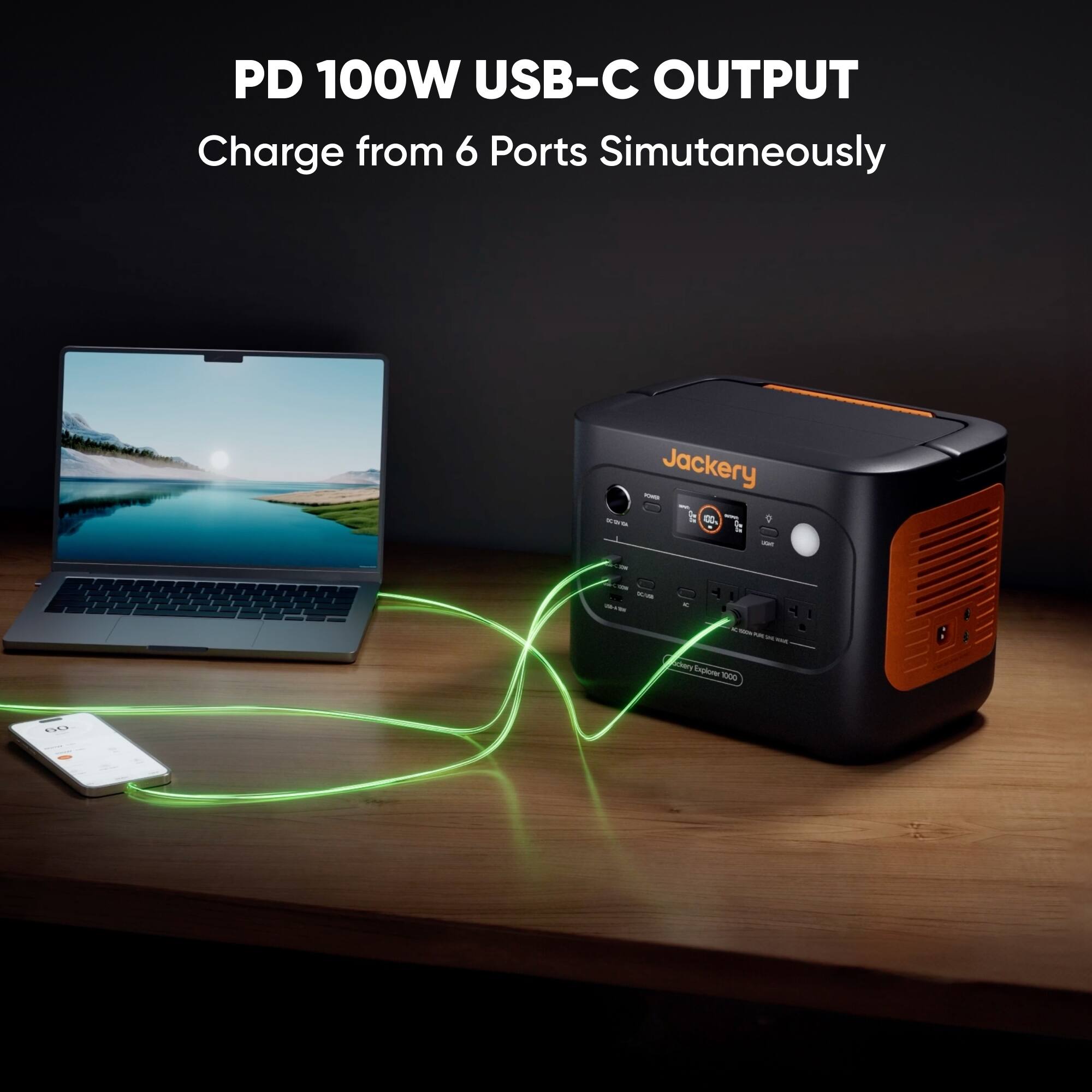 PD 100W USB-C OUTPUT  
Charge from 6 Ports Simultaneously  
Jackery