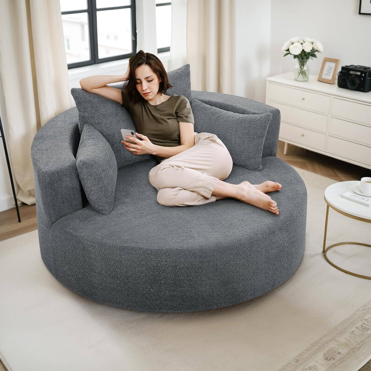 Alt View 2. Trinkets Crazed - Oversized Round Swivel Barrel Chair, Large Upholstered Accent Sofa Chair with 3 Pillow - gray.