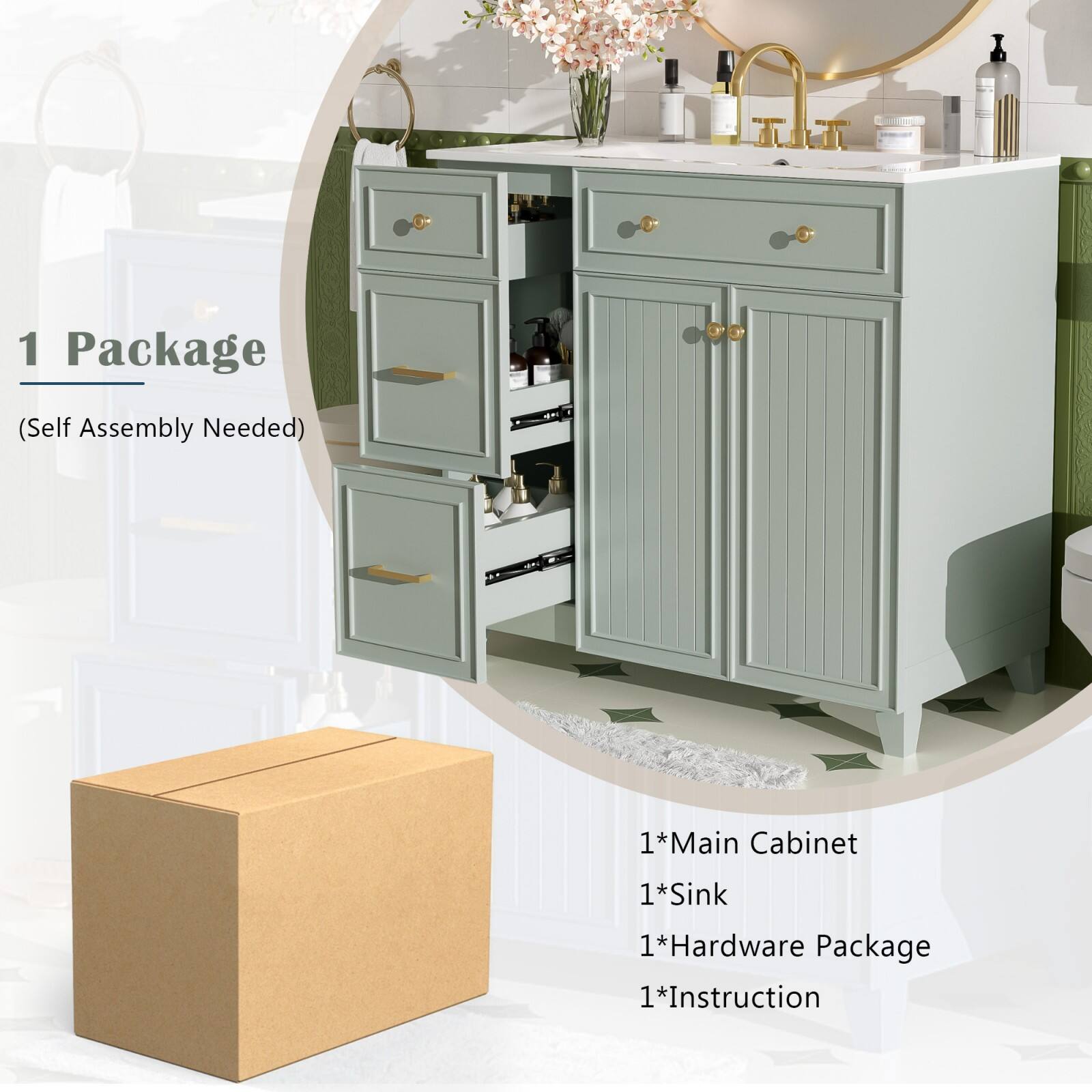 1 Package  
(Self Assembly Needed)  

1*Main Cabinet  
1*Sink  
1*Hardware Package  
1*Instruction
