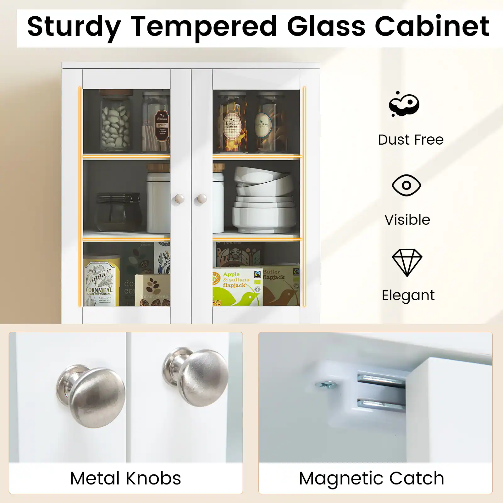 Sturdy Tempered Glass Cabinet - Dust Free, Visible, Elegant, Metal Knobs, Magnetic Catch