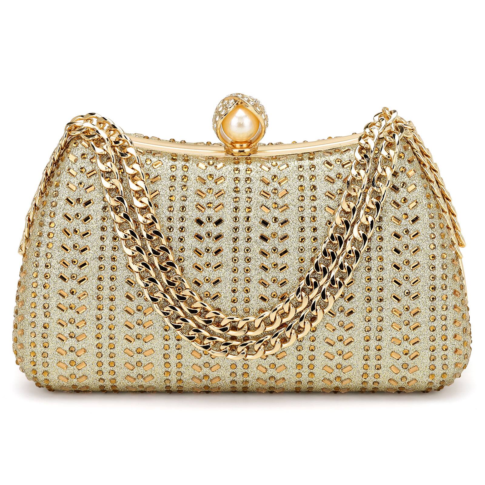 Front. Unique Bargains - Rhinestone Glitter Clutch Purse for Women, Sequin Evening Bag with Pearl Sparkly Wedding Handbag for Bride Party - Gold.