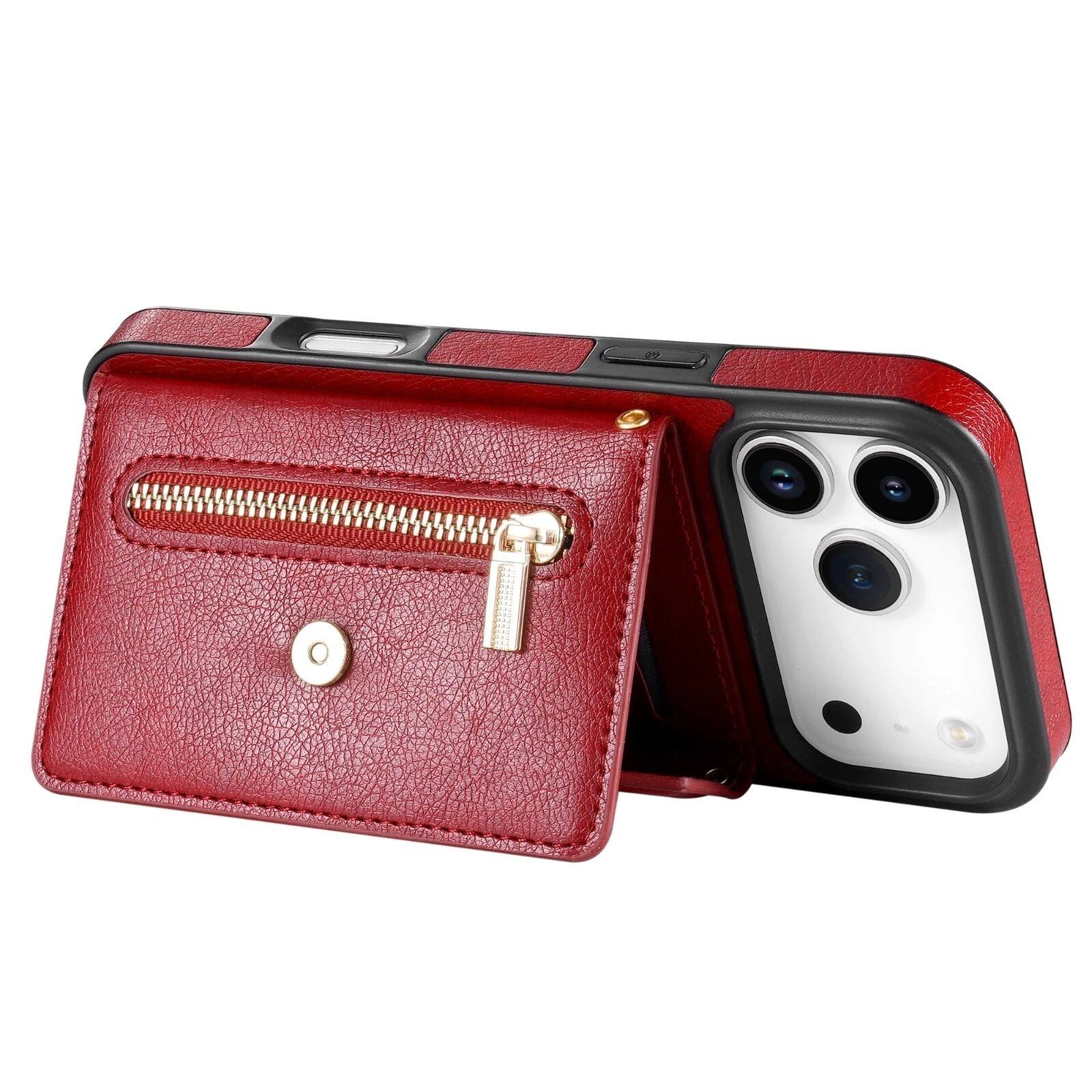 Alt View 1. UUCOVER - Wallet Case for Apple iPhone 17 Pro Max with Card Slots Holder, Zipper Pocket and Shoulder Strap, Flip Kickstand Cover - Red.