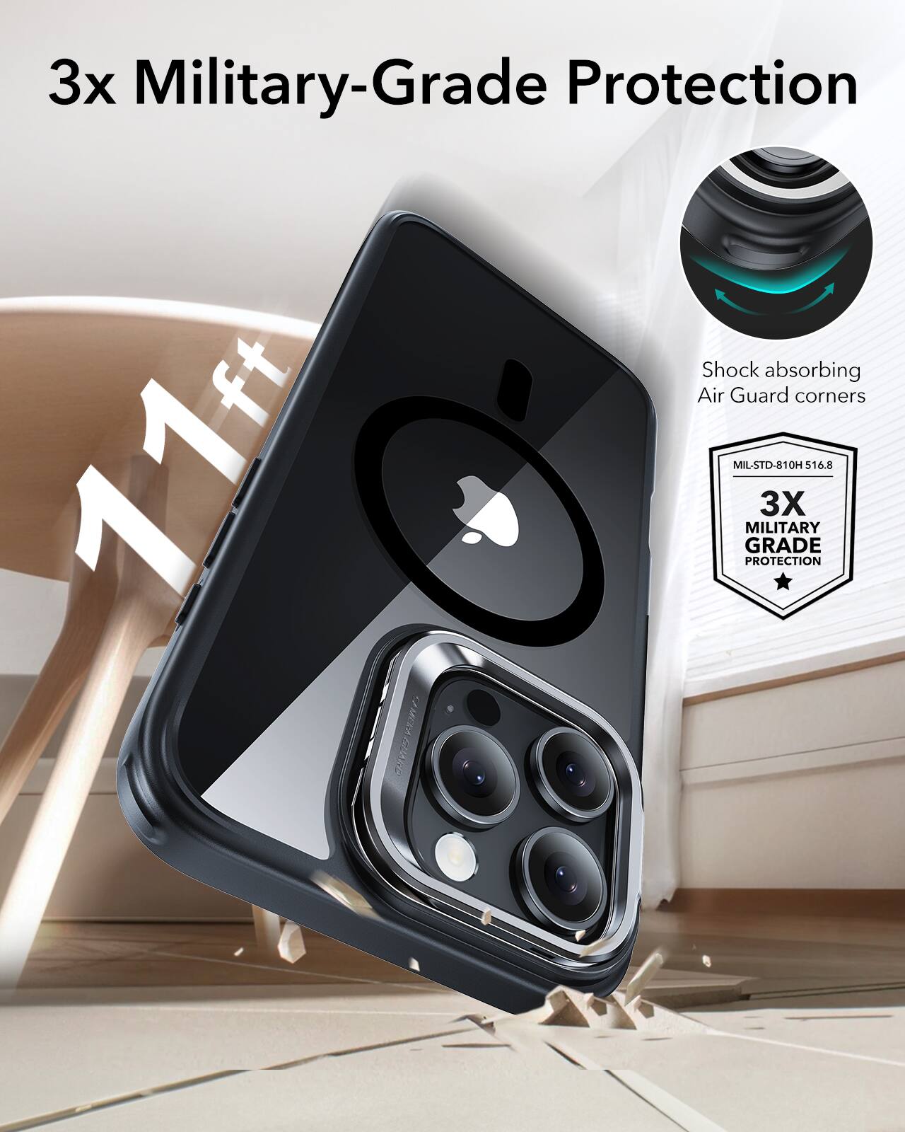 The text on the image reads: "3x Military-Grade Protection Shock absorbing ft Air Guard corners 11ft MIL-STD-810H GRADE PROTECTION MILITARY 3X OH 516.8 CAMECAGUAN MEA FUAN."