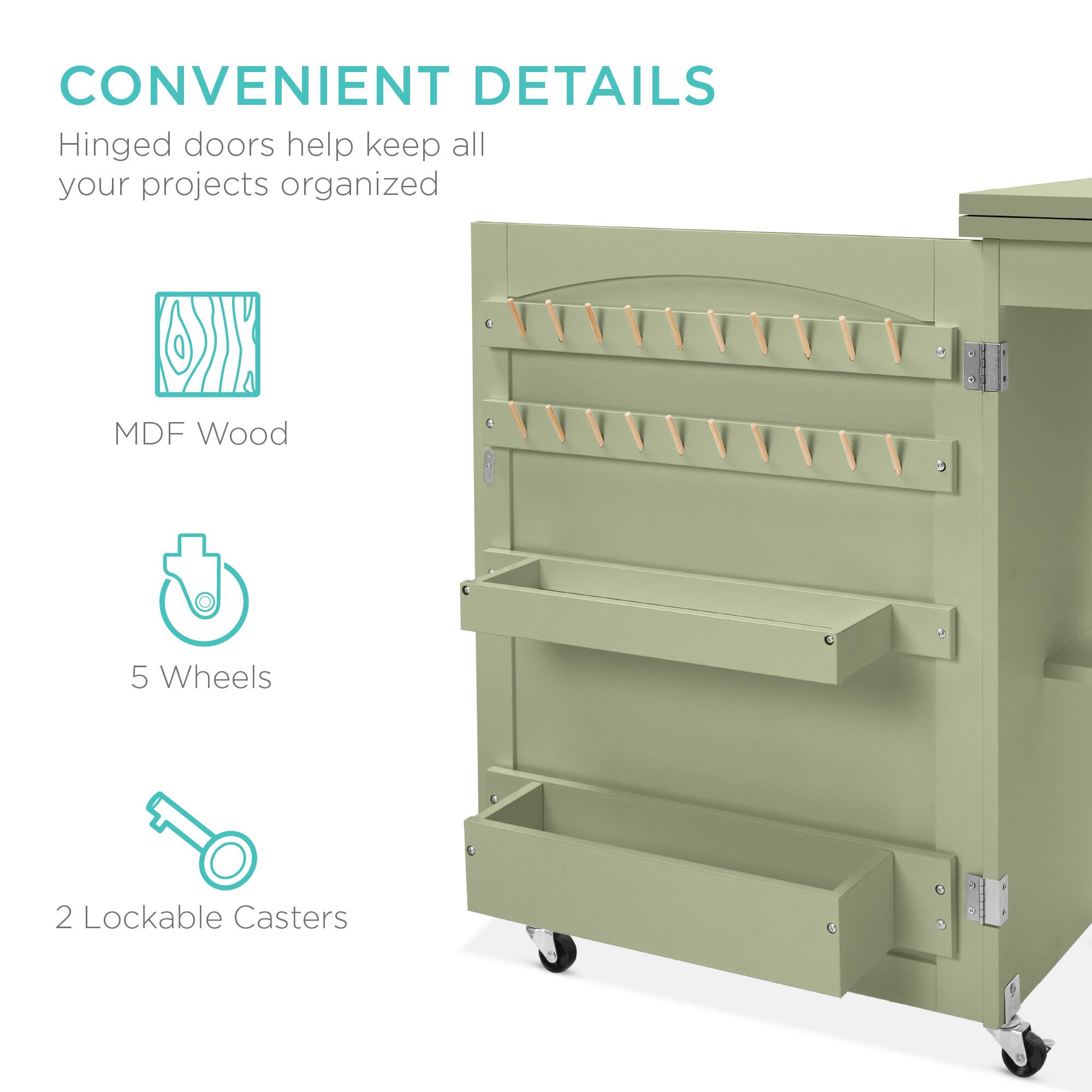 CONVENIENT DETAILS

Hinged doors help keep all your projects organized

- MDF Wood
- 5 Wheels
- 2 Lockable Casters