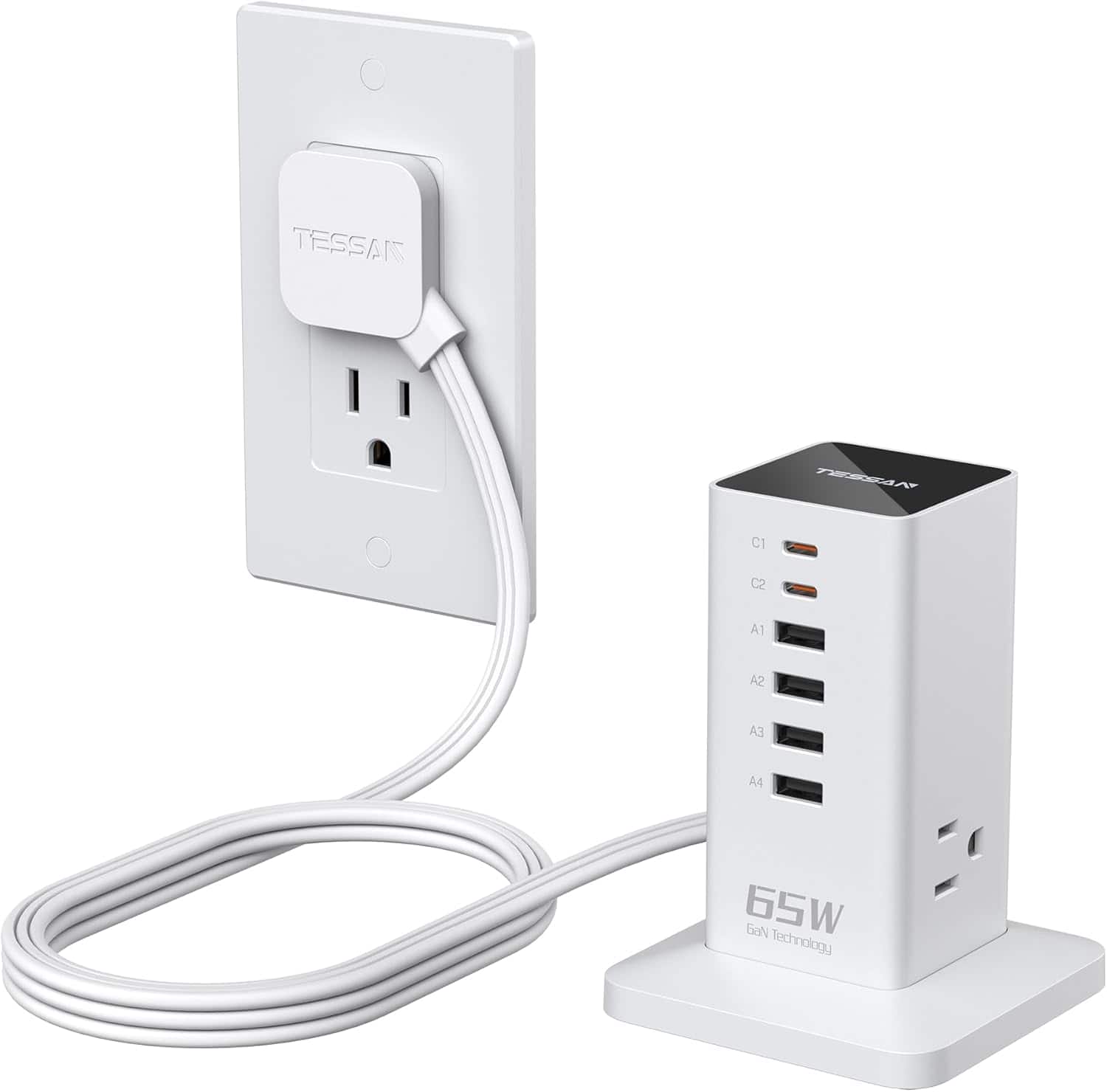 TESSAN - GaN 65W 3 Outlets/4-USB-A/2-USB-C Tower Power Strip Charging Station - White