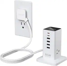 TESSAN - GaN 65W 3 Outlets/4-USB-A/2-USB-C Tower Power Strip Charging Station - White