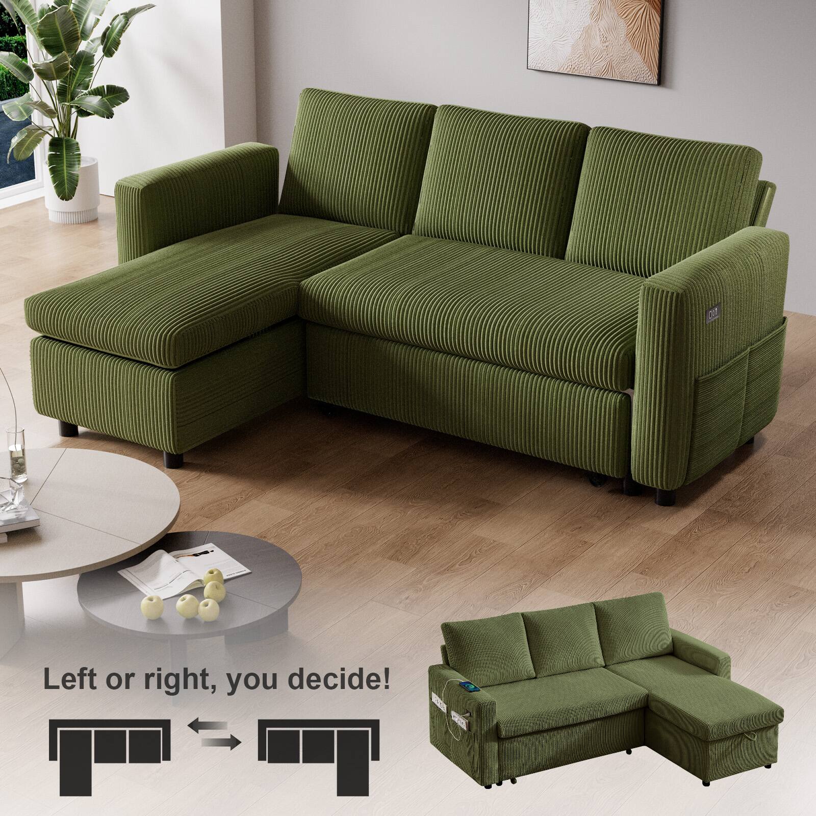 Alt View 6. Dyonery - Dyonery 81-inch sofa with pull-out bed, adjustable backrest, tool-free assembly, corduroy - Green.