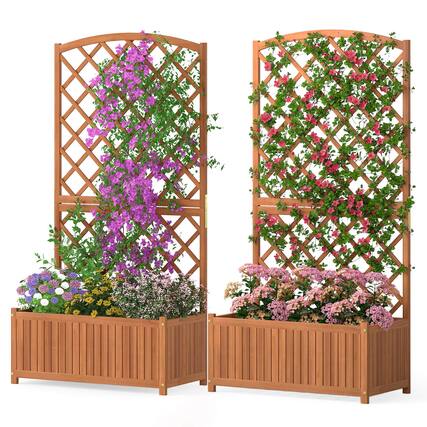 Front. Costway - Costway 2 PCS 63" Wood Planter Container with Diamond Trellis, Planter Box, Slat Base - Natural.